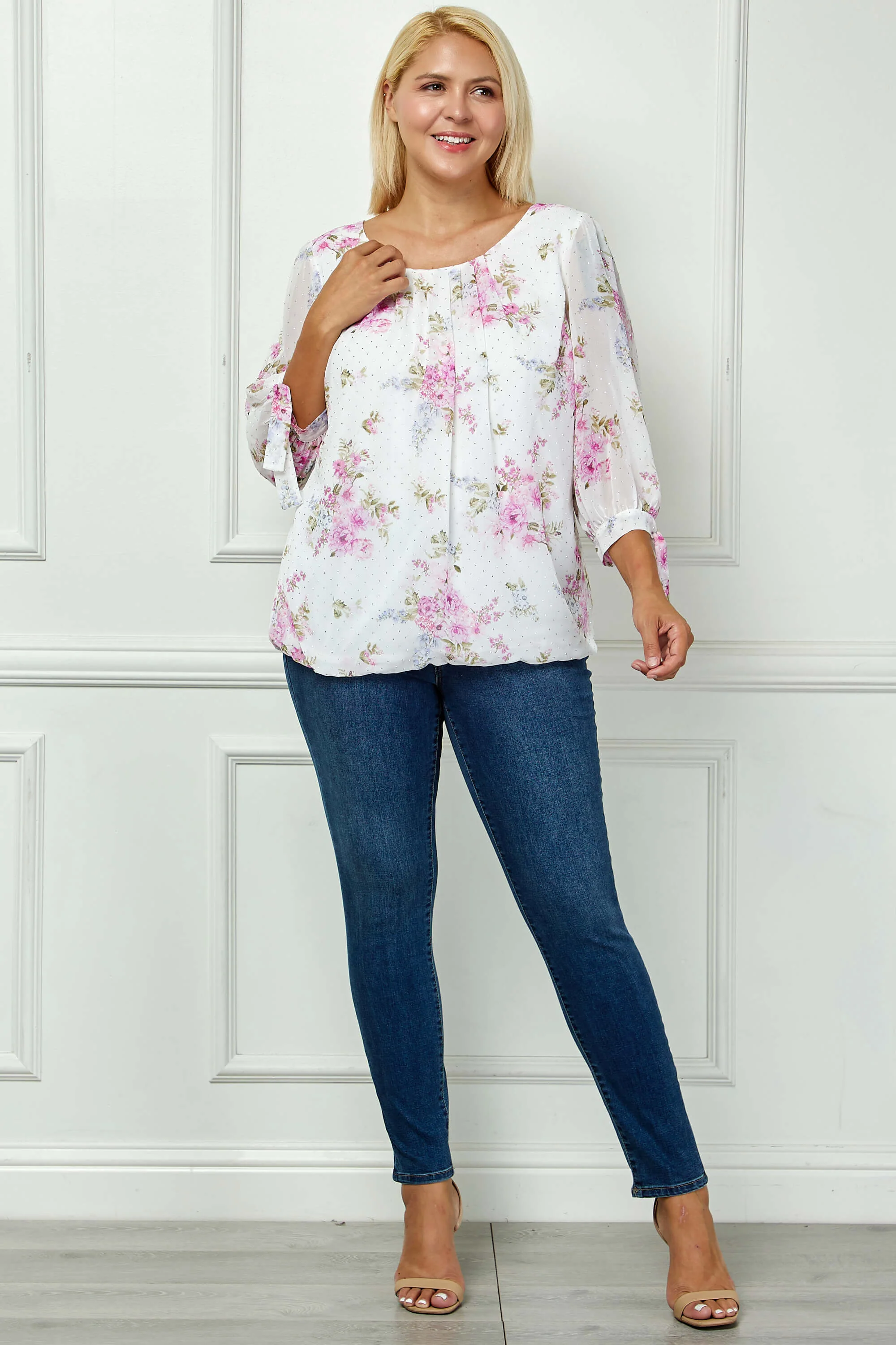 3/4 Tie Sleeve Pleat Neck Bubble Blouse in Ivory - Plus - Image 3