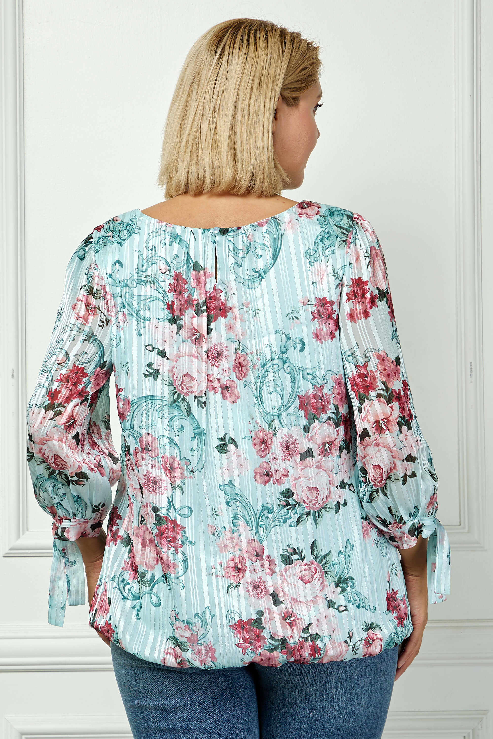 3/4 Tie Sleeve Pleat Neck Bubble Blouse in Mint Roses - Plus - Image 2