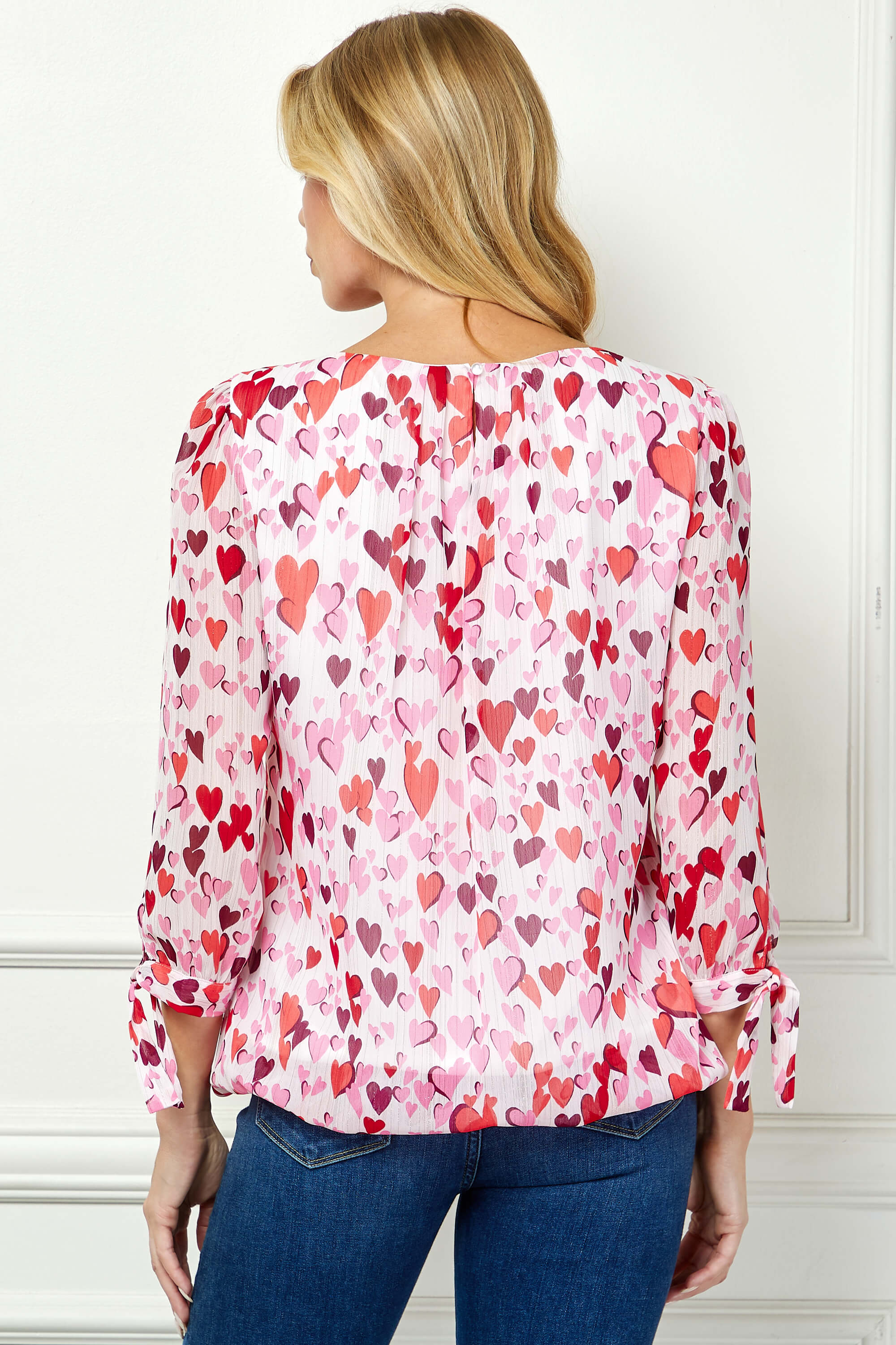 3/4 Tie Sleeve Pleat Neck Bubble Blouse in Red Multi - Image 2
