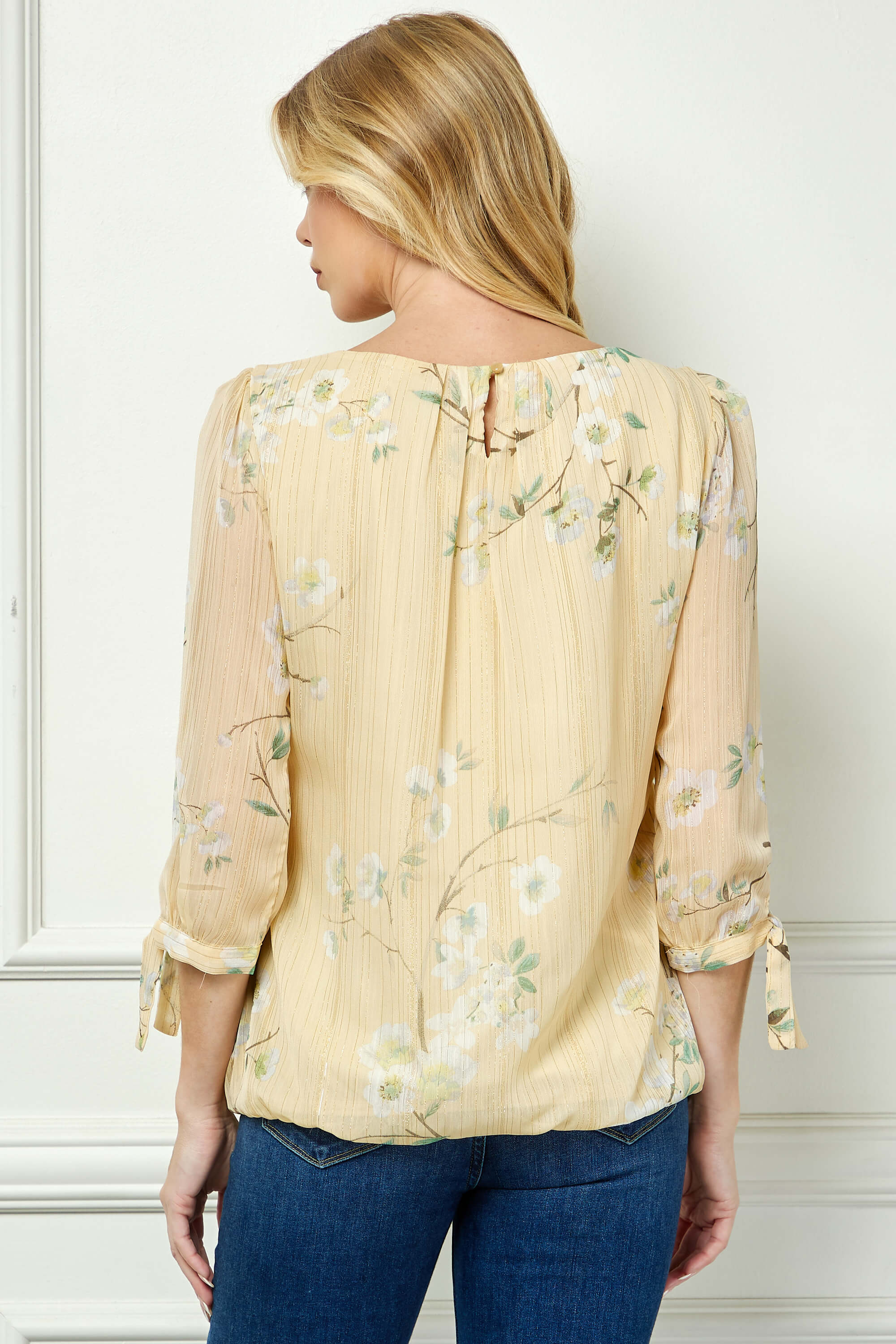 3/4 Tie Sleeve Pleat Neck Bubble Blouse in Yellow - Image 2