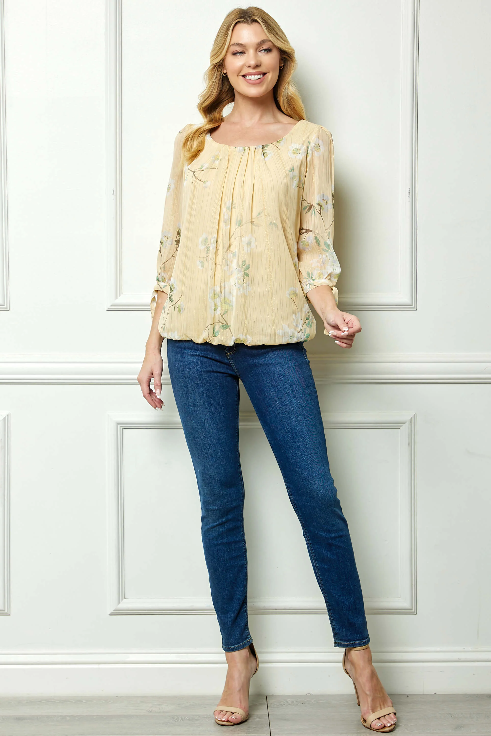 3/4 Tie Sleeve Pleat Neck Bubble Blouse in Yellow - Image 4