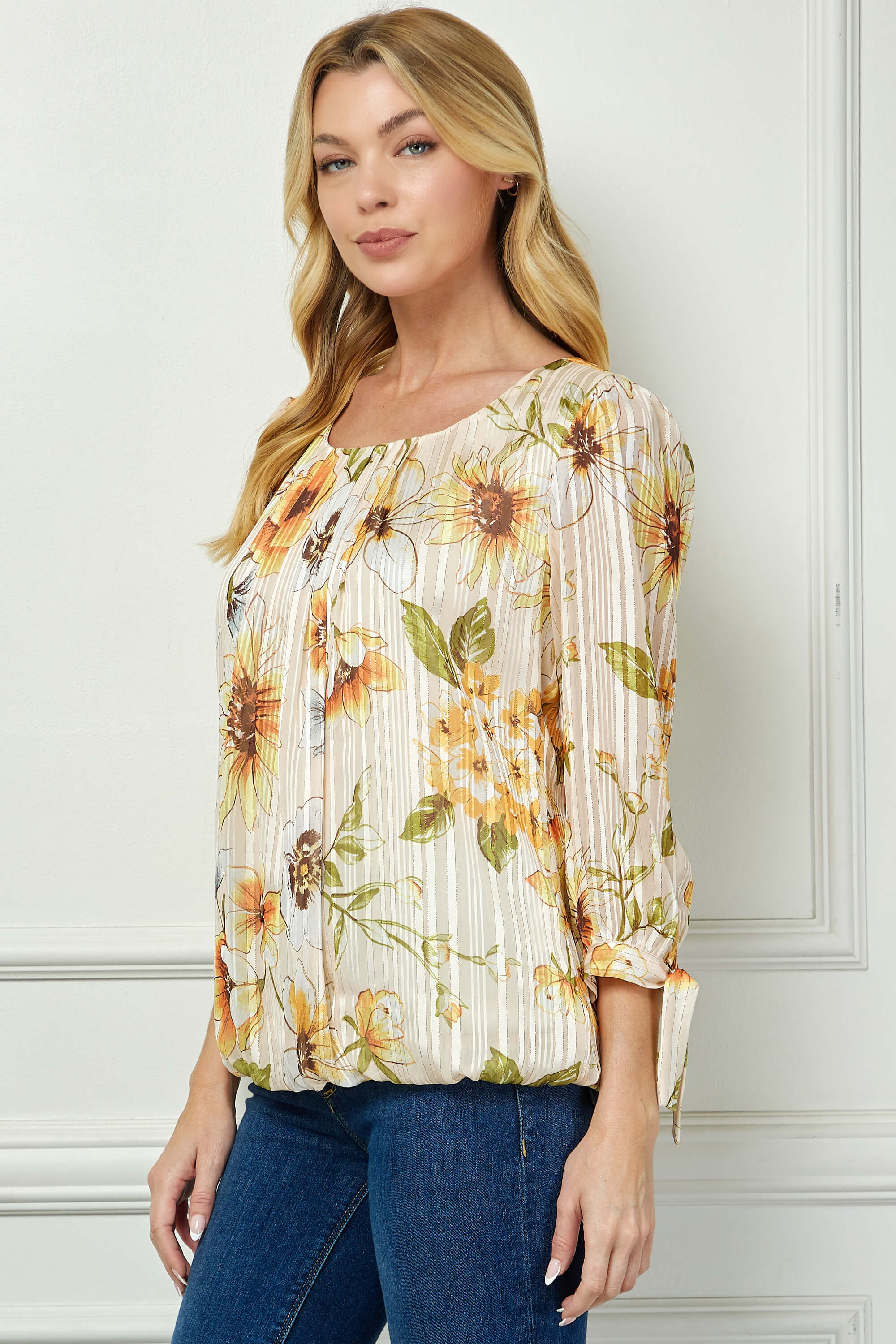 3/4 Tie Sleeve Pleat Neck Bubble Blouse in Yellow Pansy - Image 3