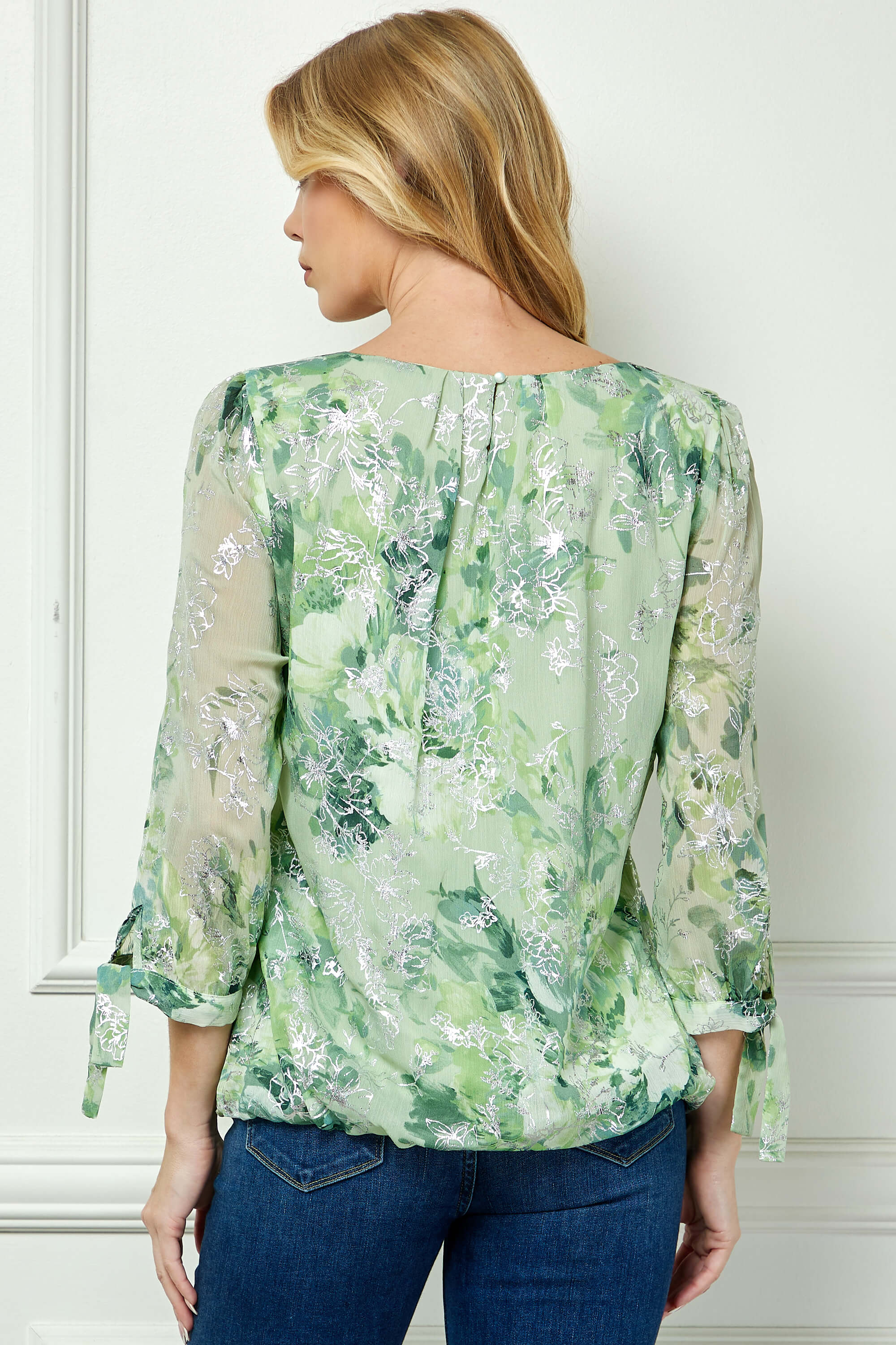 3/4 Tie Sleeve Pleat Neck Floral Foil Bubble Blouse in Sage/Cream Watercolor - Image 2