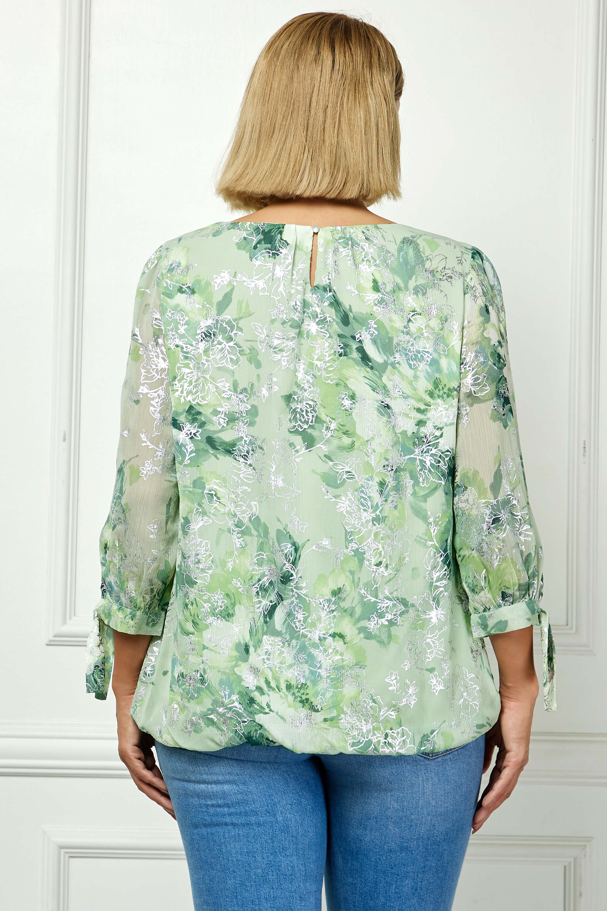 3/4 Tie Sleeve Pleat Neck Floral Foil Bubble Blouse in Sage/Cream Watercolor - Plus - Image 2