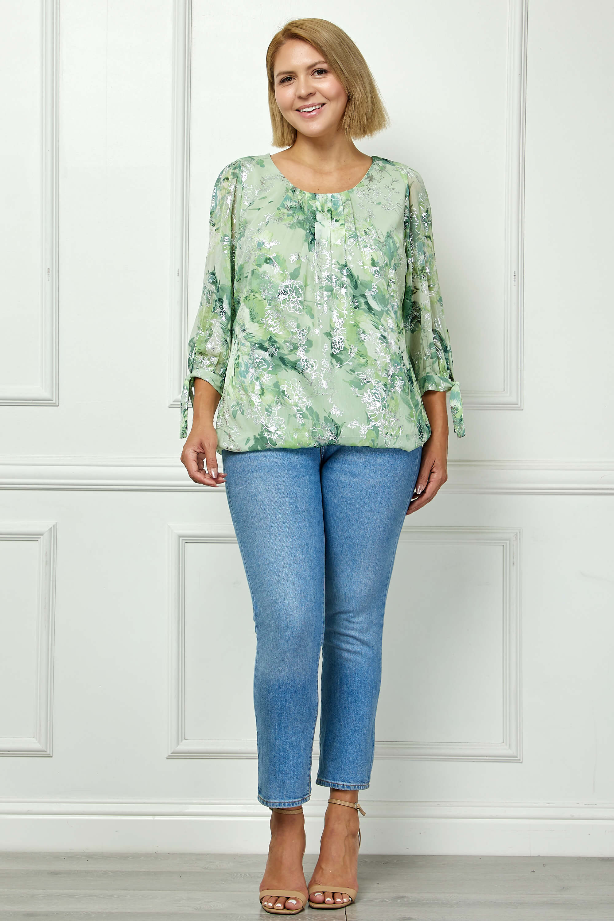 3/4 Tie Sleeve Pleat Neck Floral Foil Bubble Blouse in Sage/Cream Watercolor - Plus - Image 4