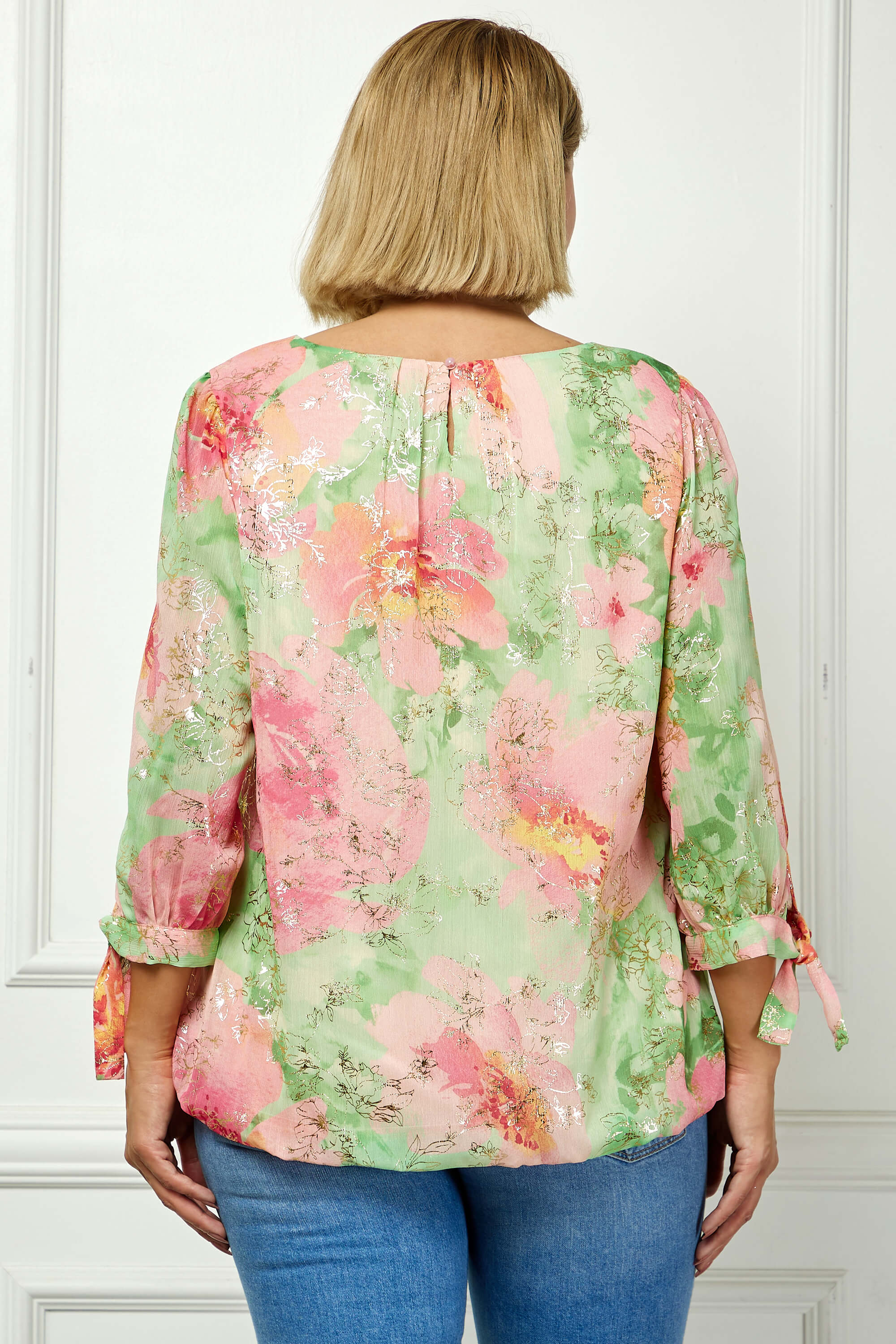 3/4 Tie Sleeve Pleat Neck Floral Foil Bubble Blouse in Sage/Pink Watercolor - Plus - Image 2