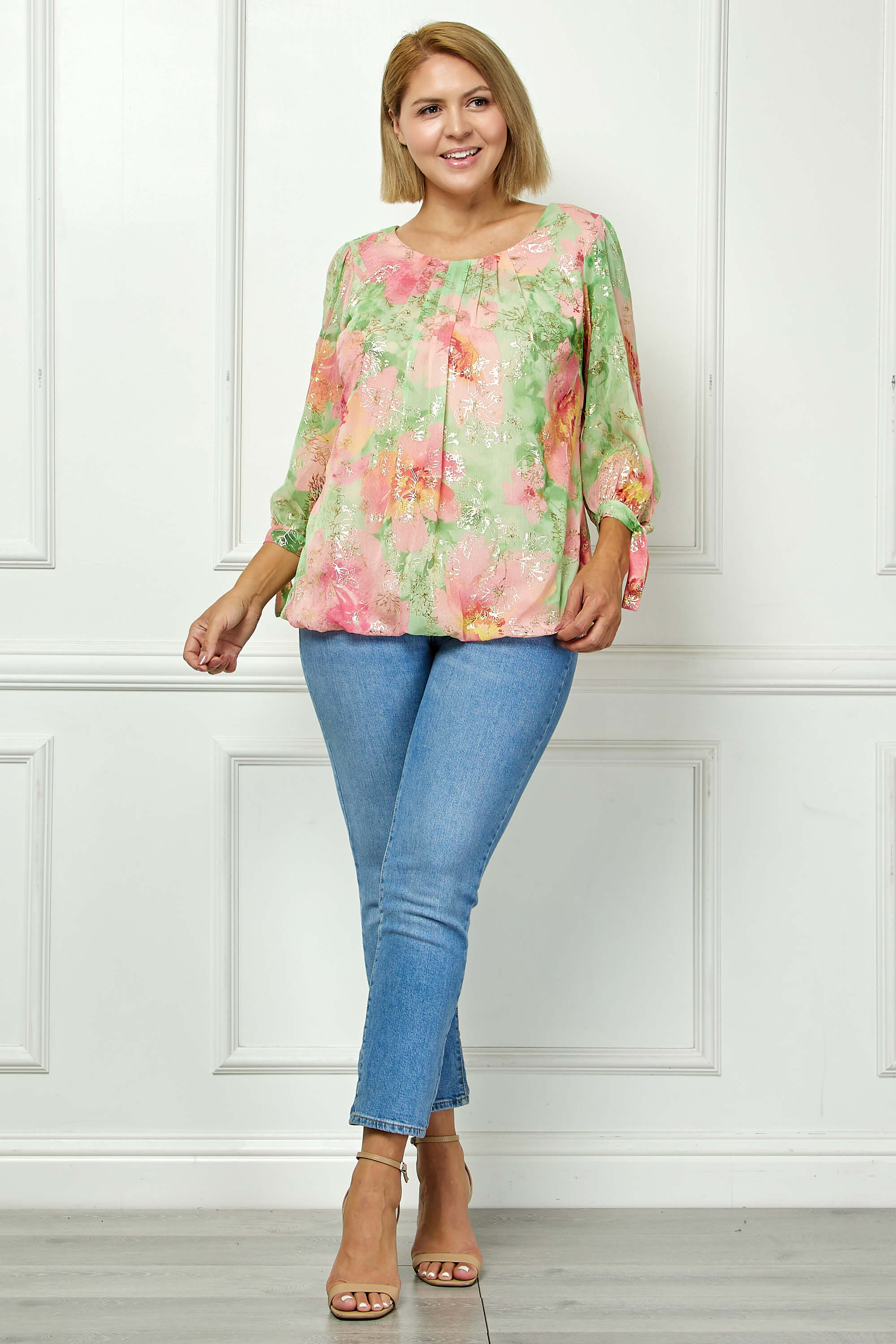 3/4 Tie Sleeve Pleat Neck Floral Foil Bubble Blouse in Sage/Pink Watercolor - Plus - Image 4