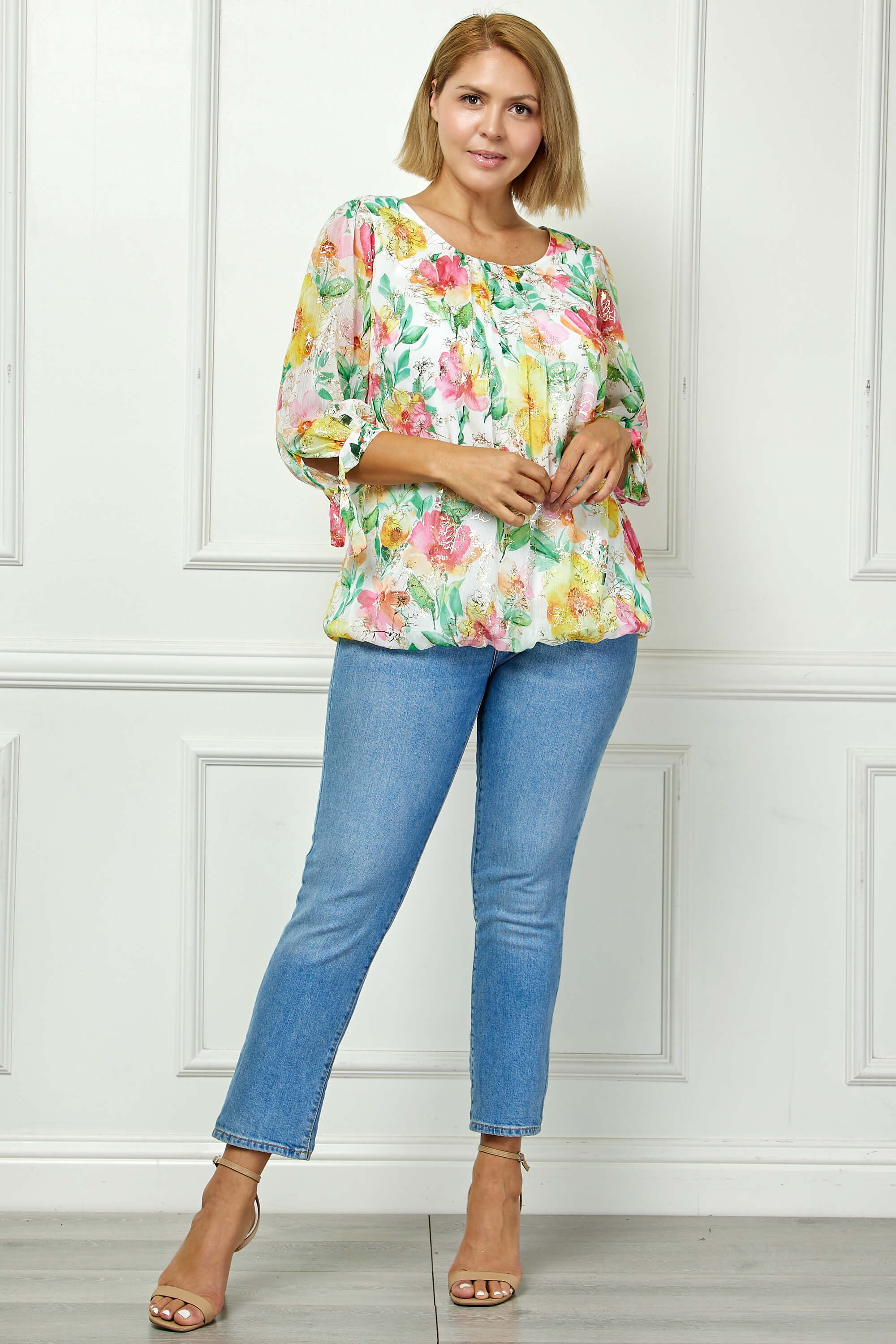 3/4 Tie Sleeve Pleat Neck Floral Foil Bubble Blouse in White/Pink/Green Multi - Plus - Image 4