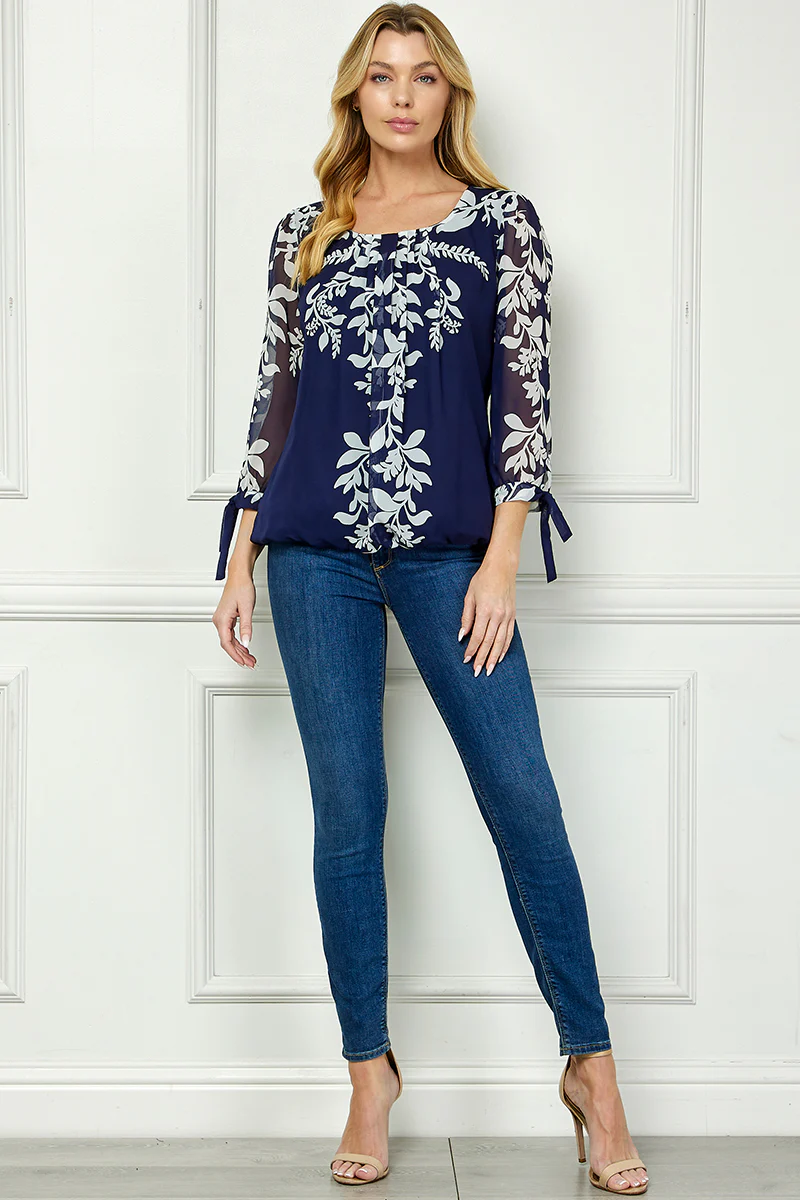 3/4 Tie Sleeve Pleat Neck Placement Print Bubble Blouse in Navy - Image 4