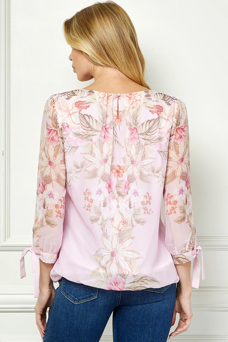 3/4 Tie Sleeve Pleat Neck Placement Print Bubble Blouse in Pink/Melon - Image 2