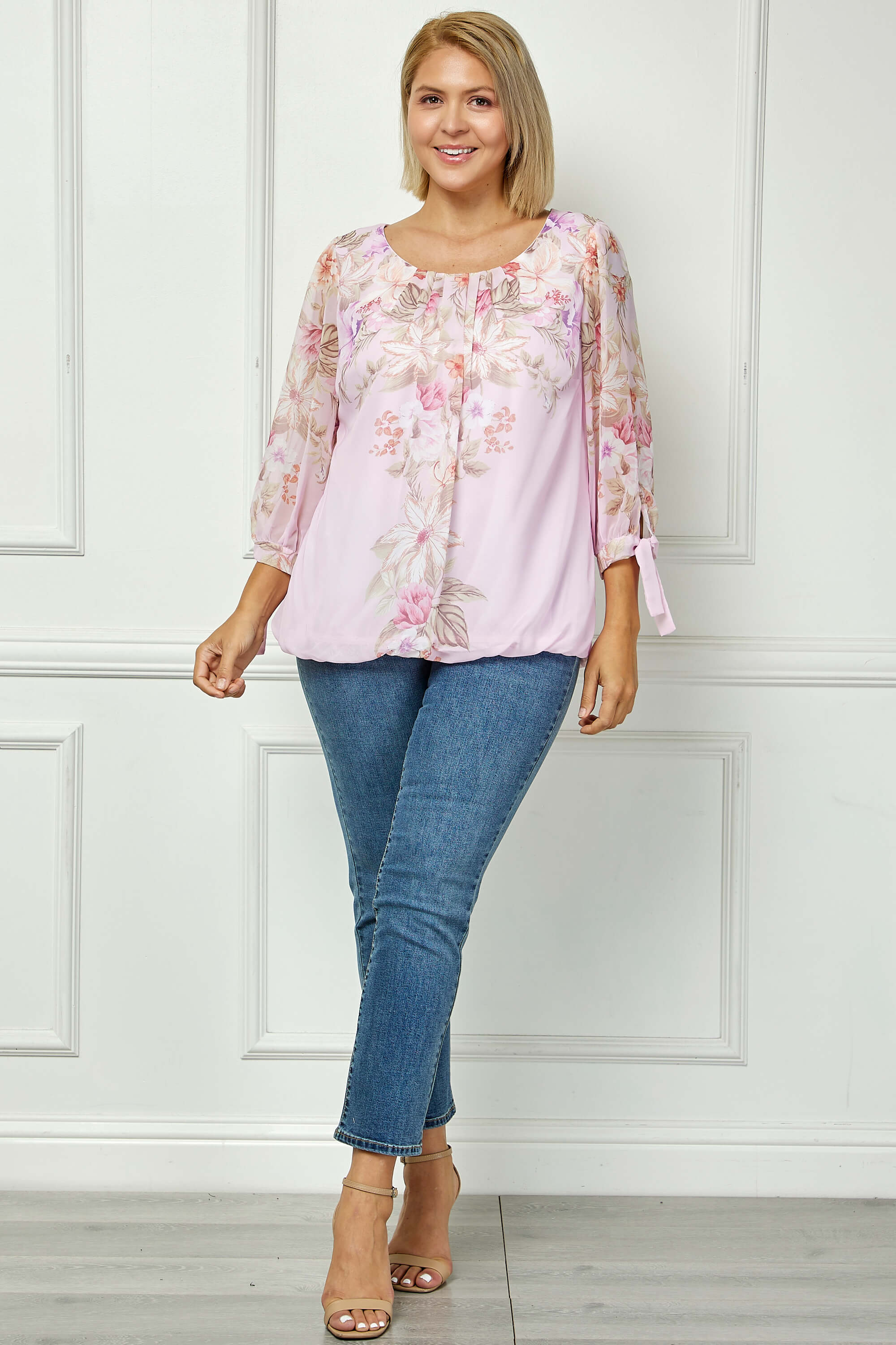 3/4 Tie Sleeve Pleat Neck Placement Print Bubble Blouse in Pink/Melon - Plus - Image 4