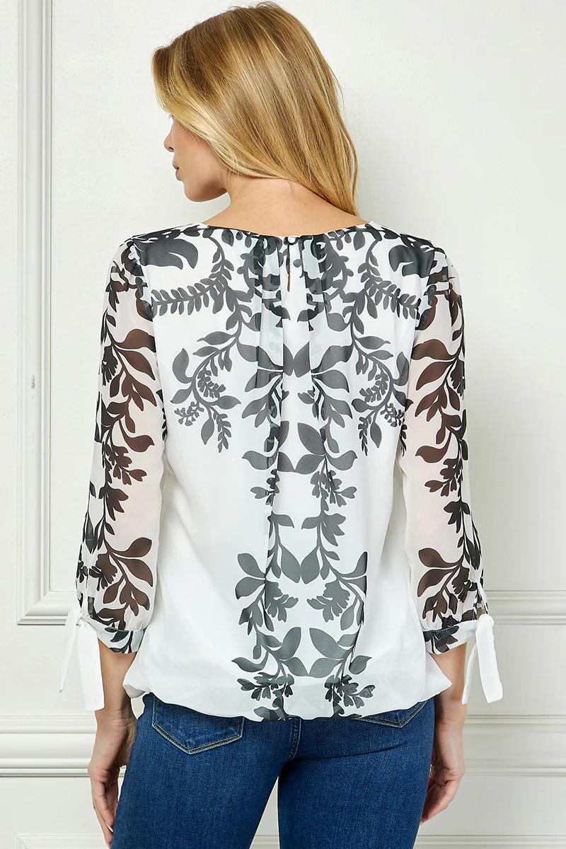 3/4 Tie Sleeve Pleat Neck Placement Print Bubble Blouse in White/Black - Image 2