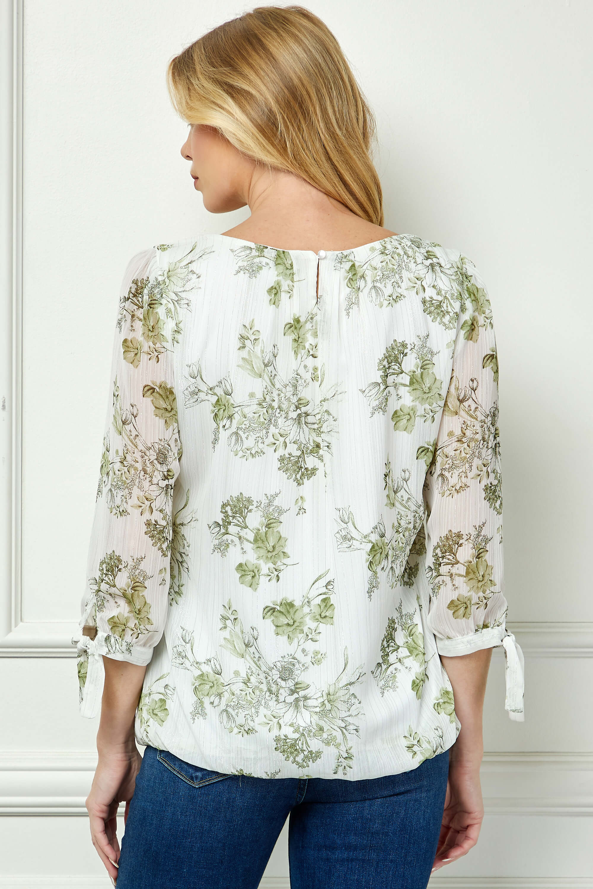 3/4 Tie Sleeve Pleat Neck Studded Bubble Blouse in Ivory/Sage Sketch - Image 2