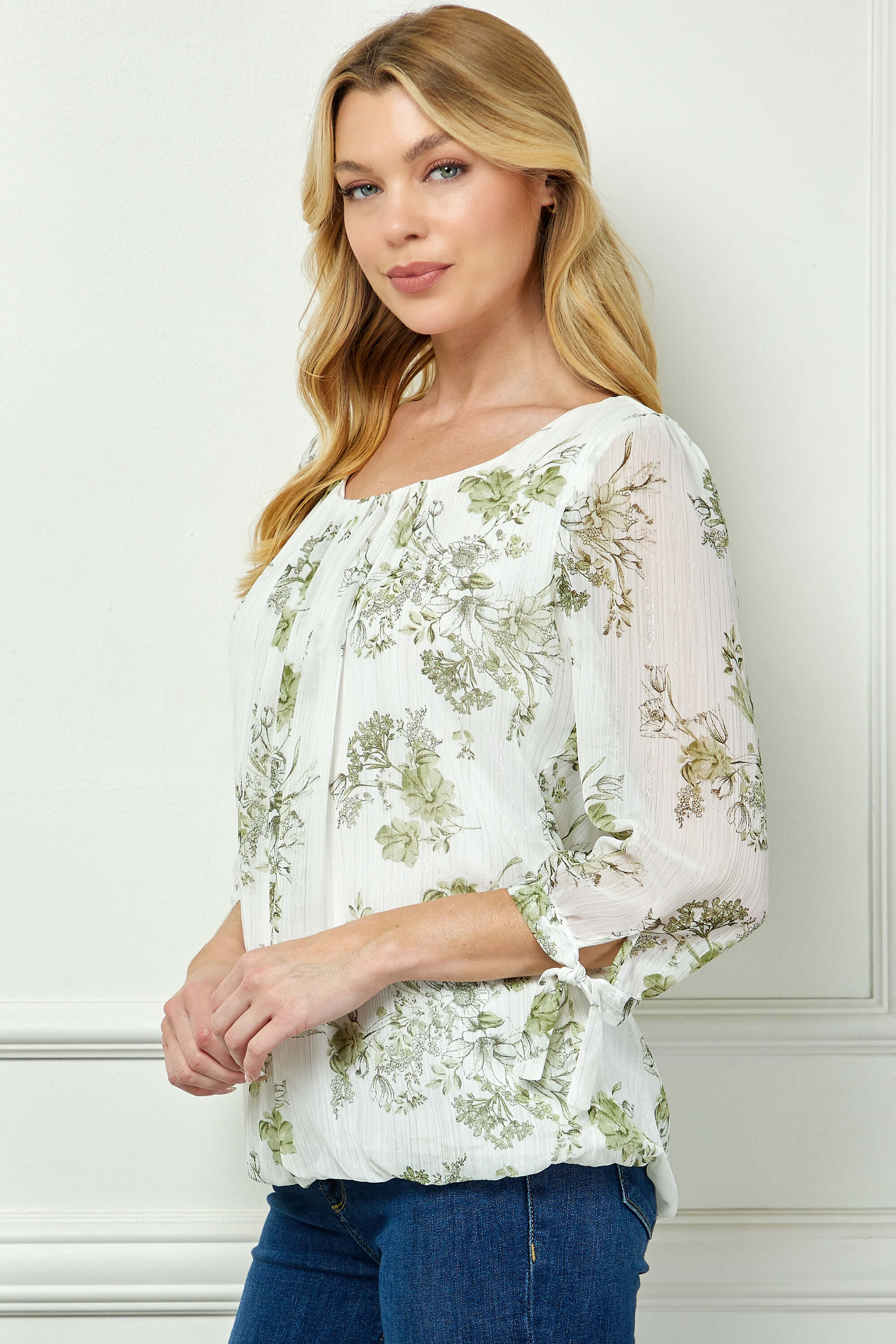 3/4 Tie Sleeve Pleat Neck Studded Bubble Blouse in Ivory/Sage Sketch - Image 3
