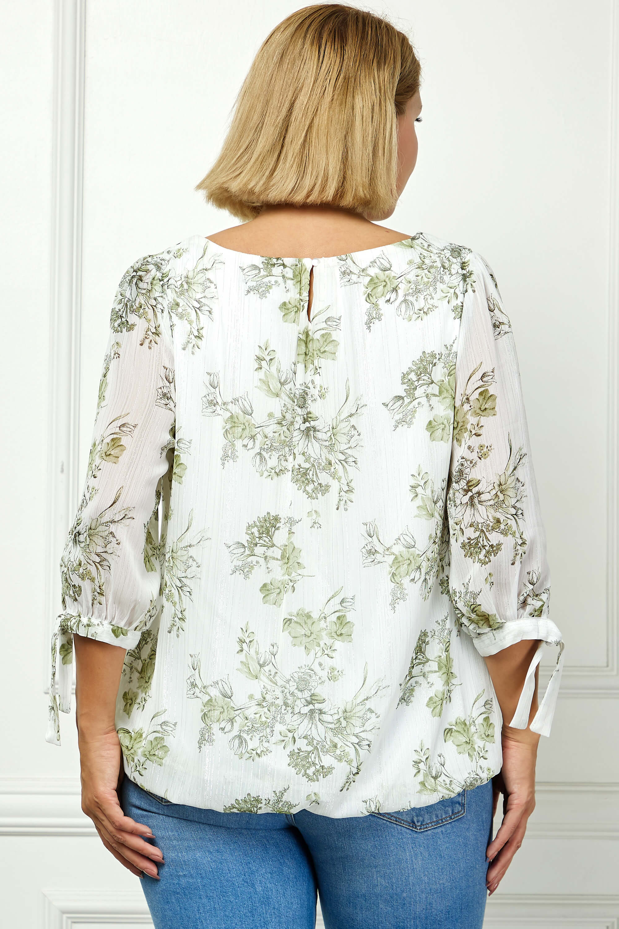 3/4 Tie Sleeve Pleat Neck Studded Bubble Blouse in Ivory/Sage Sketch - Plus - Image 2