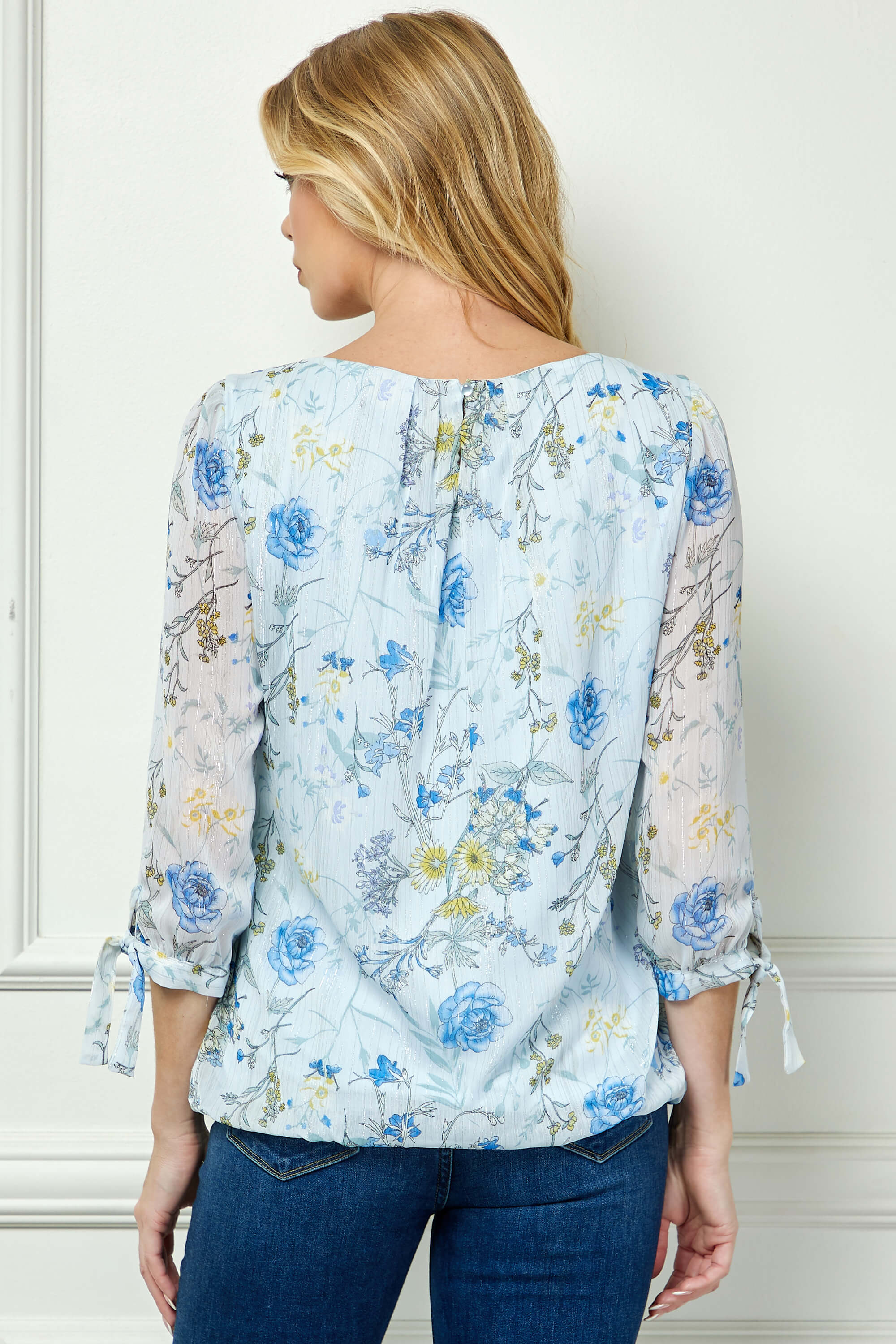 3/4 Tie Sleeve Pleat Neck Studded Bubble Blouse in Light Blue Floral - Image 2