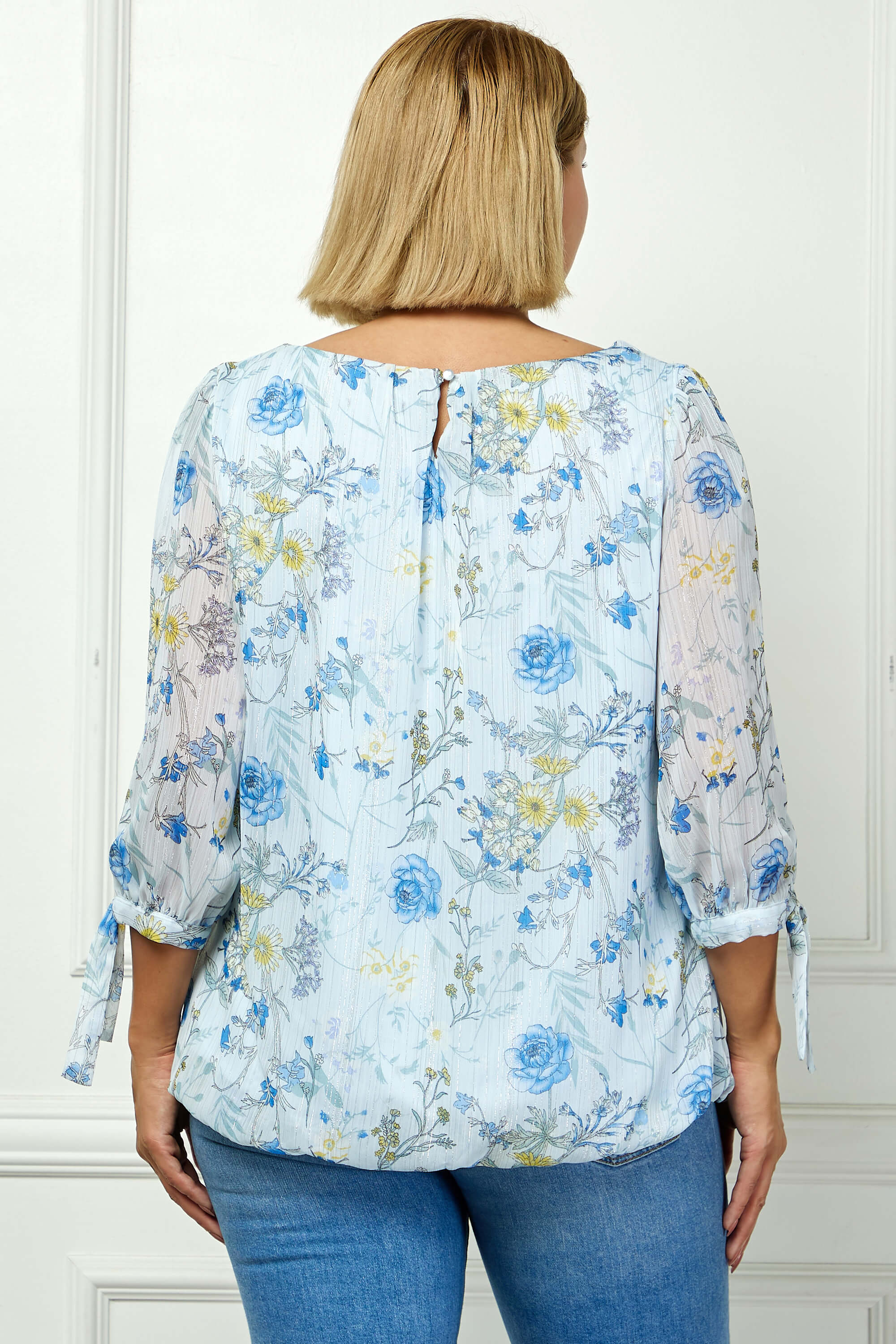 3/4 Tie Sleeve Pleat Neck Studded Bubble Blouse in Light Blue Floral - Plus - Image 2