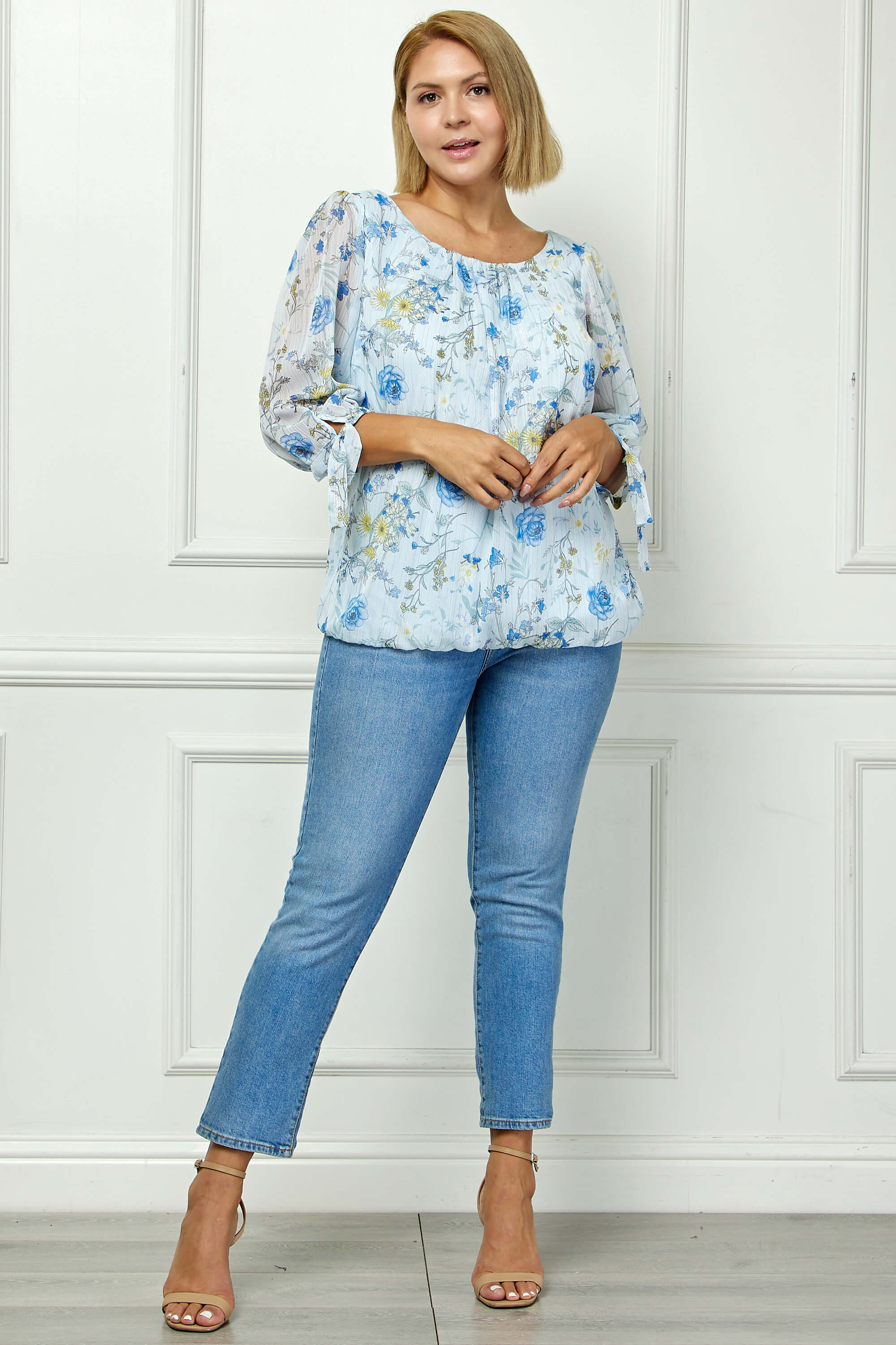 3/4 Tie Sleeve Pleat Neck Studded Bubble Blouse in Light Blue Floral - Plus - Image 4