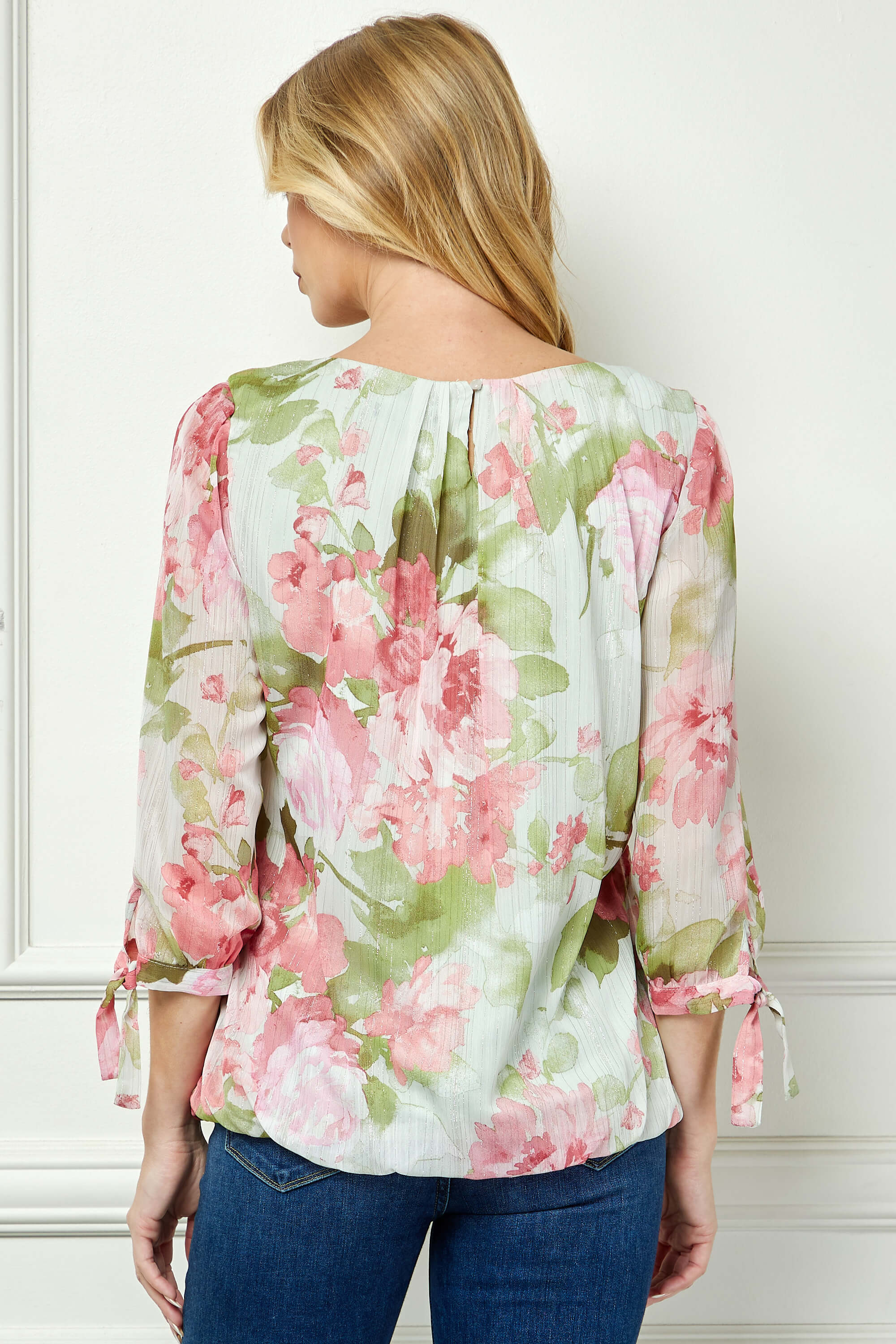 3/4 Tie Sleeve Pleat Neck Studded Bubble Blouse in Sage Watercolor - Image 2