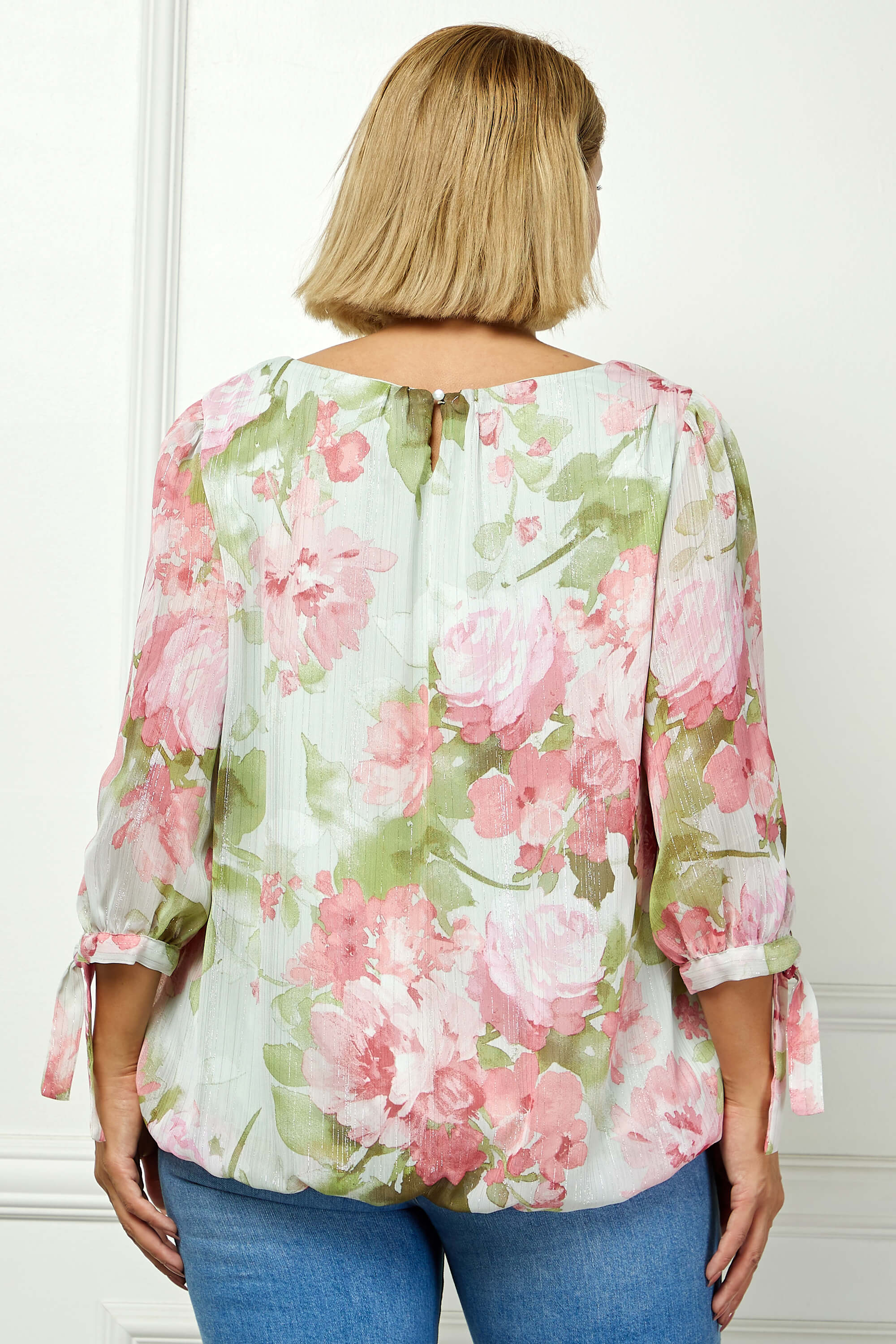 3/4 Tie Sleeve Pleat Neck Studded Bubble Blouse in Sage Watercolor - Plus - Image 2