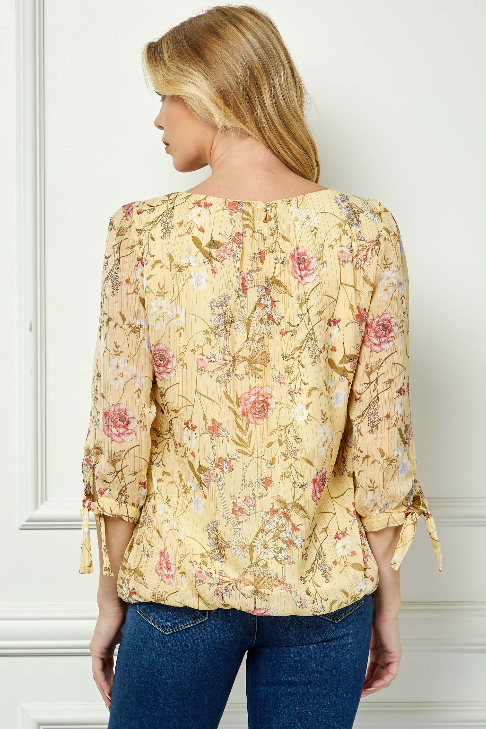 3/4 Tie Sleeve Pleat Neck Studded Bubble Blouse in Yellow Floral - Image 2