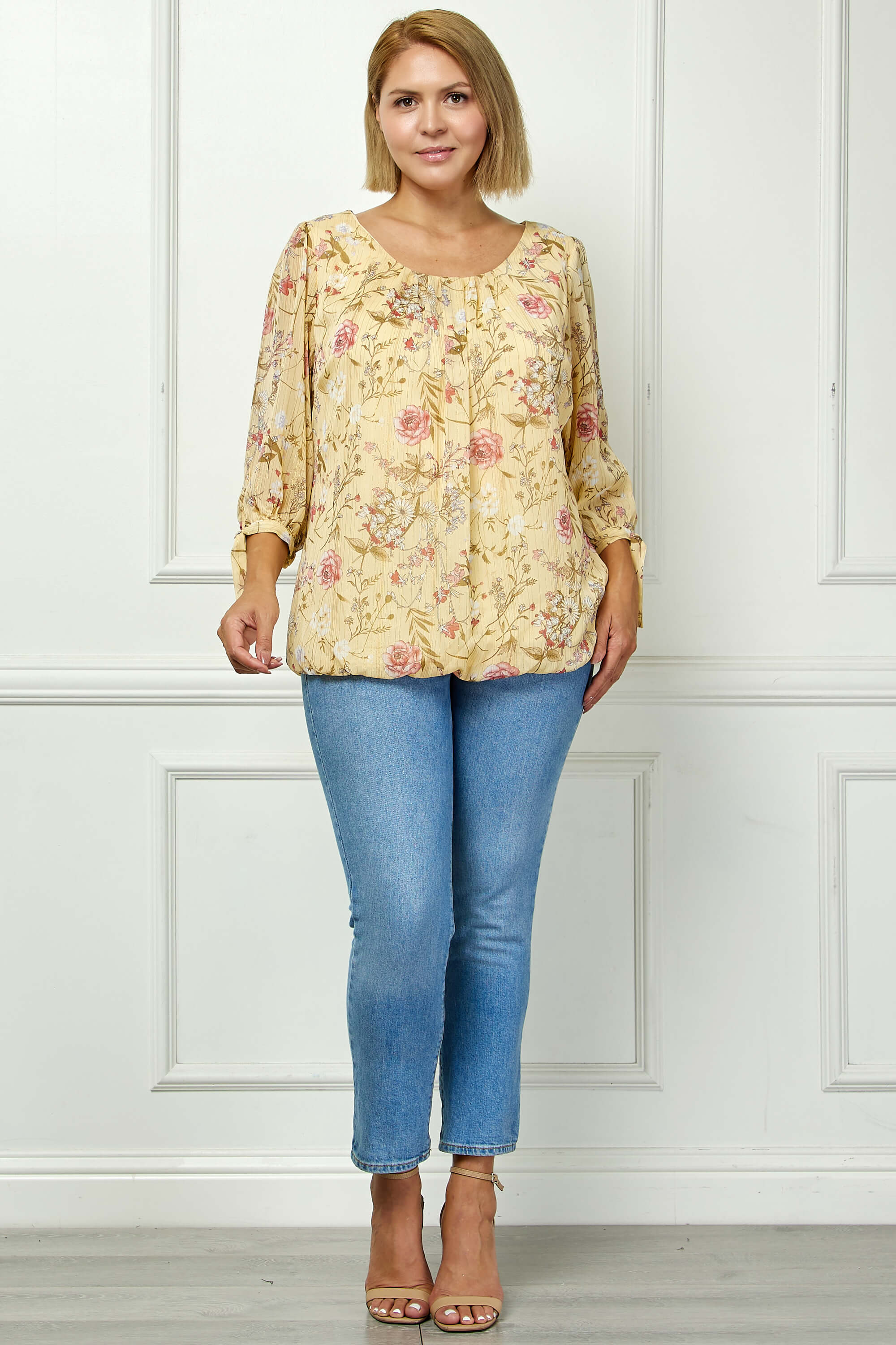 3/4 Tie Sleeve Pleat Neck Studded Bubble Blouse in Yellow Floral - Plus - Image 4