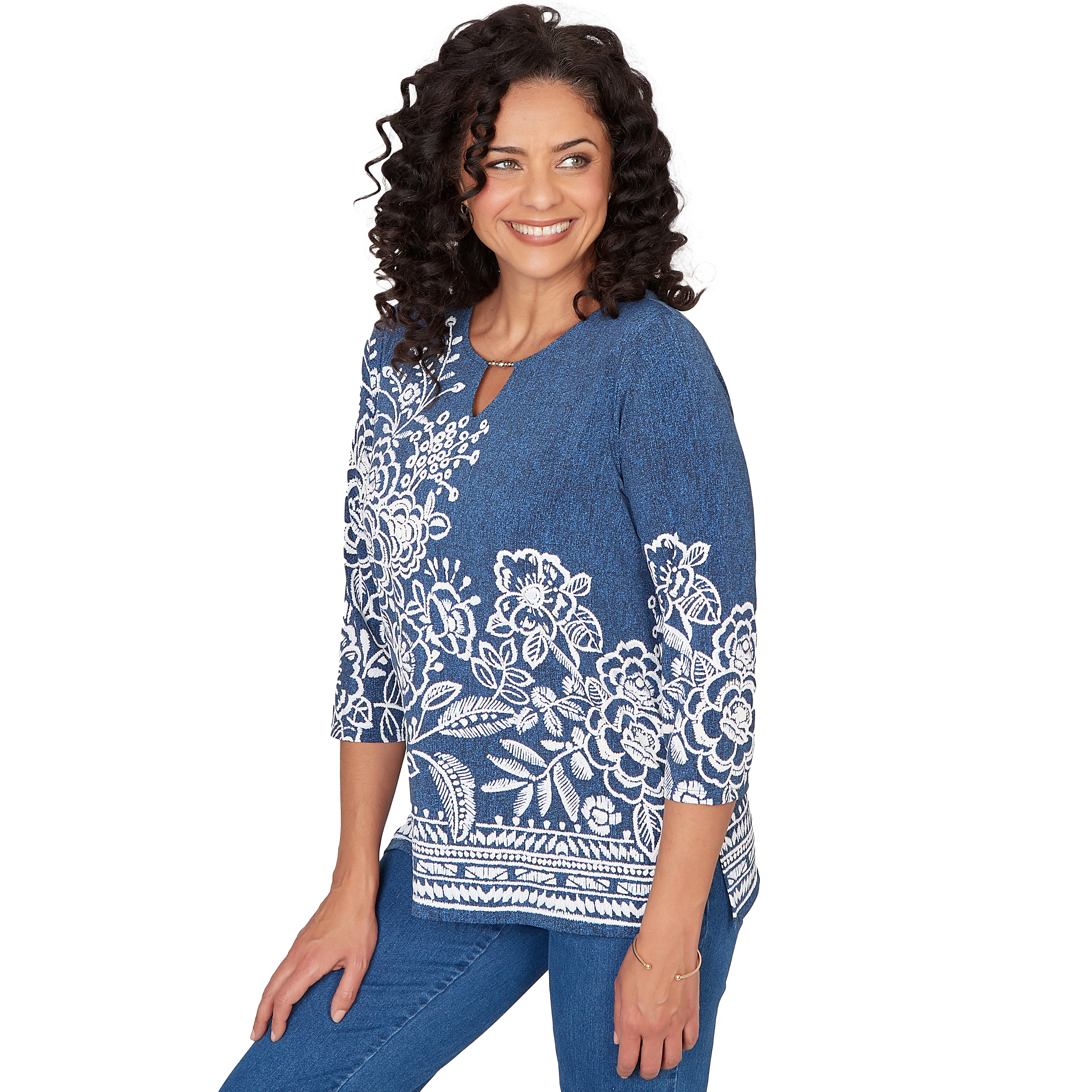 Alfred Dunner Floral Border Embroidered Split Neck Top - Image 3