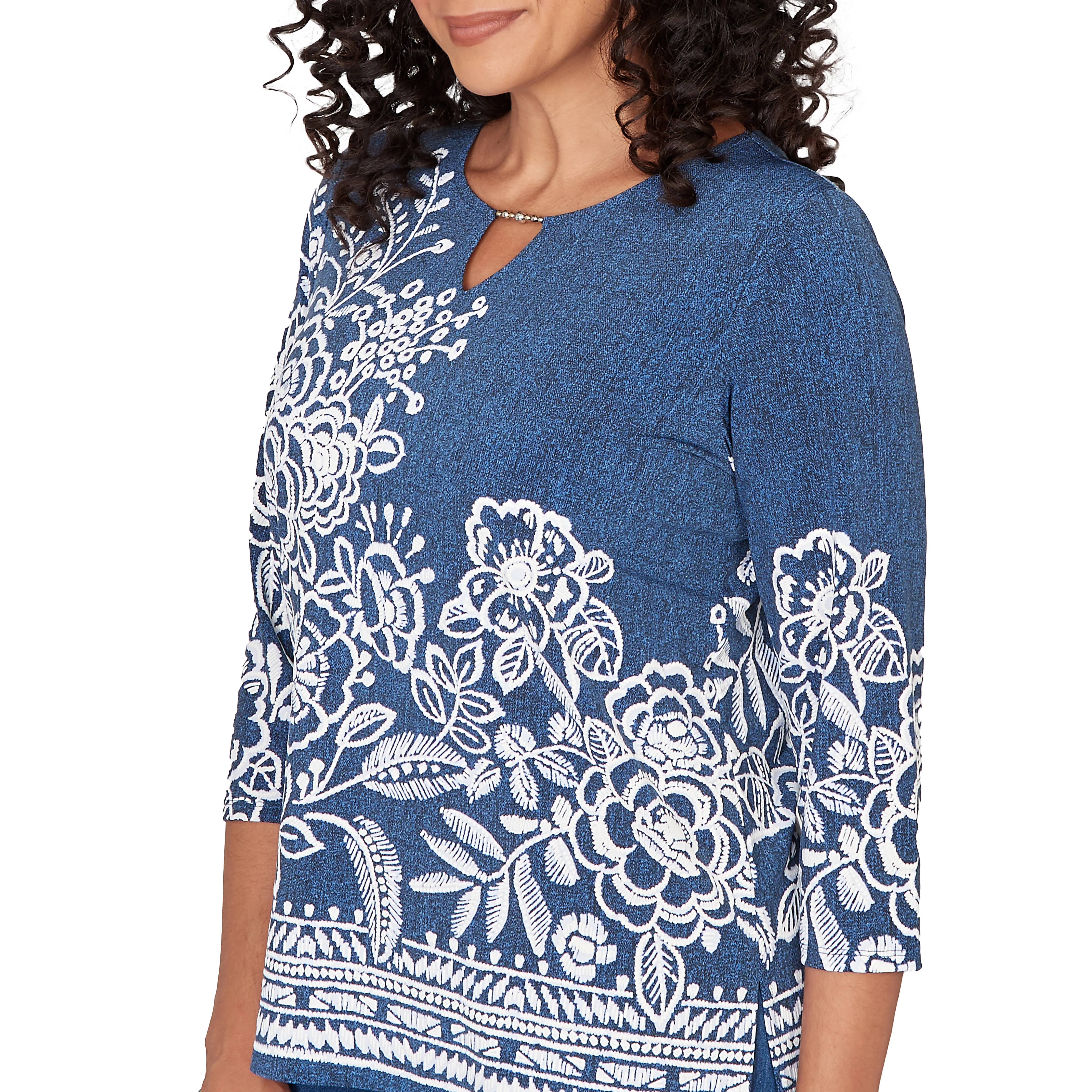 Alfred Dunner Floral Border Embroidered Split Neck Top - Image 5