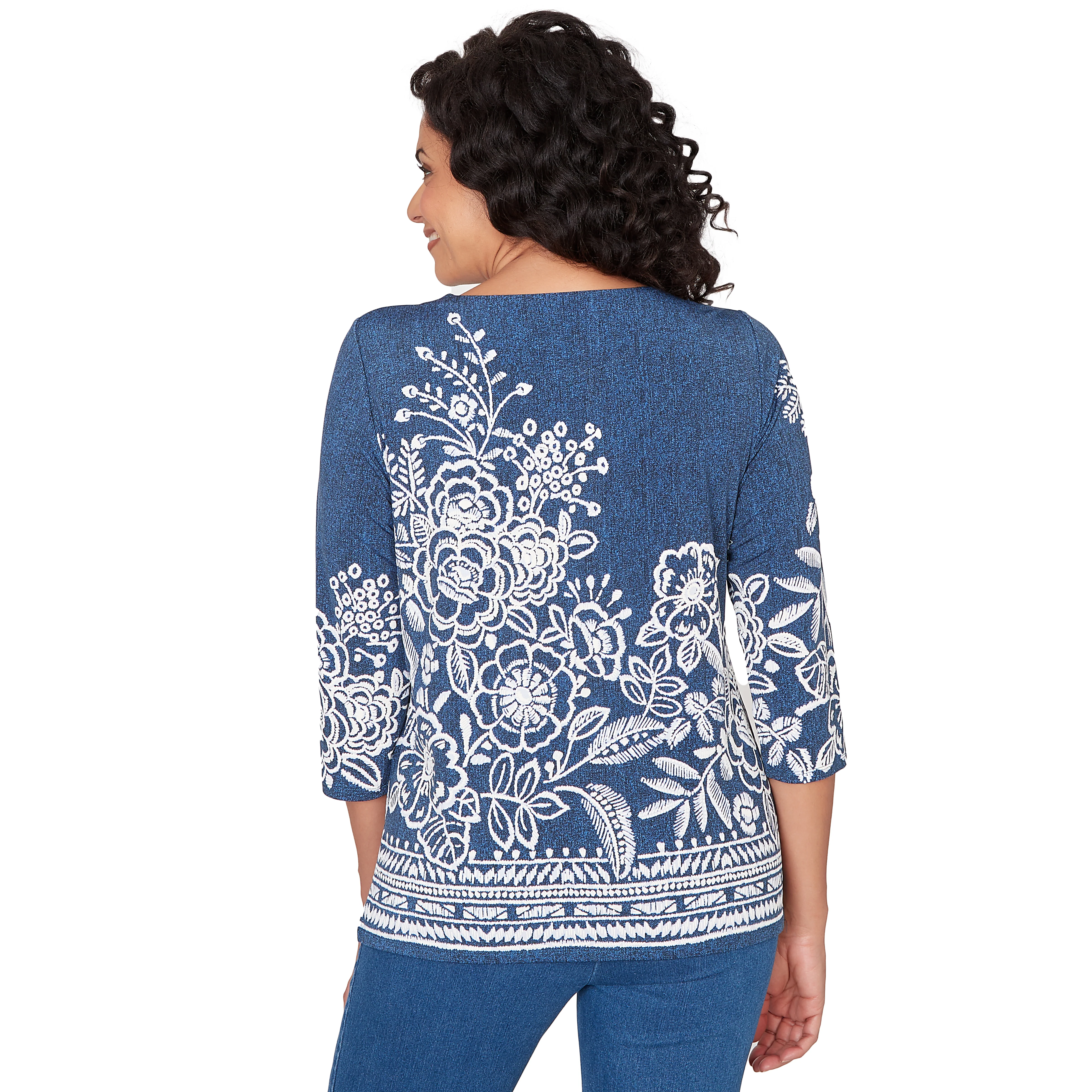 Alfred Dunner Floral Border Embroidered Split Neck Top- Petite - Image 2