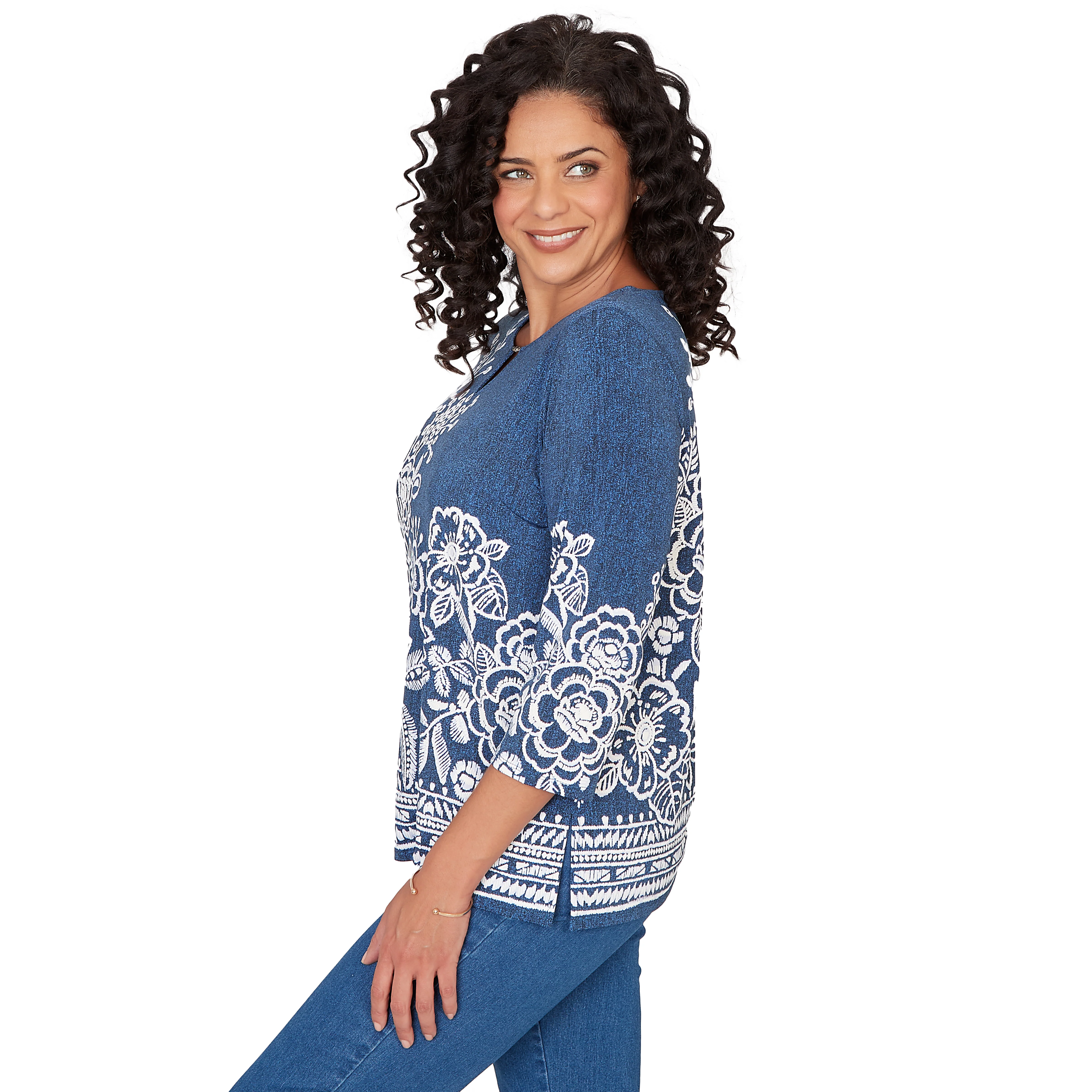 Alfred Dunner Floral Border Embroidered Split Neck Top- Petite - Image 4