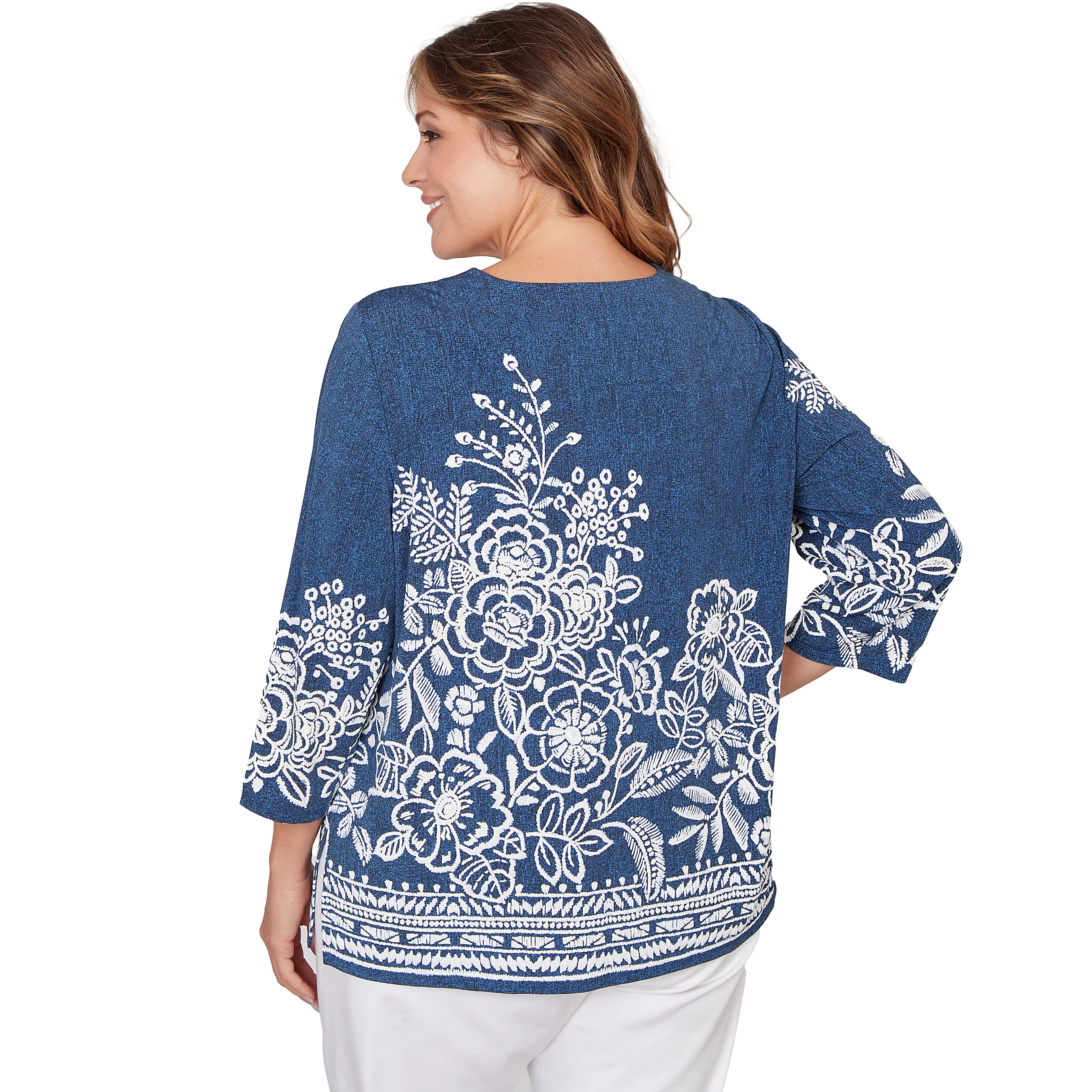 Alfred Dunner Floral Border Embroidered Split Neck Top - Plus - Image 2