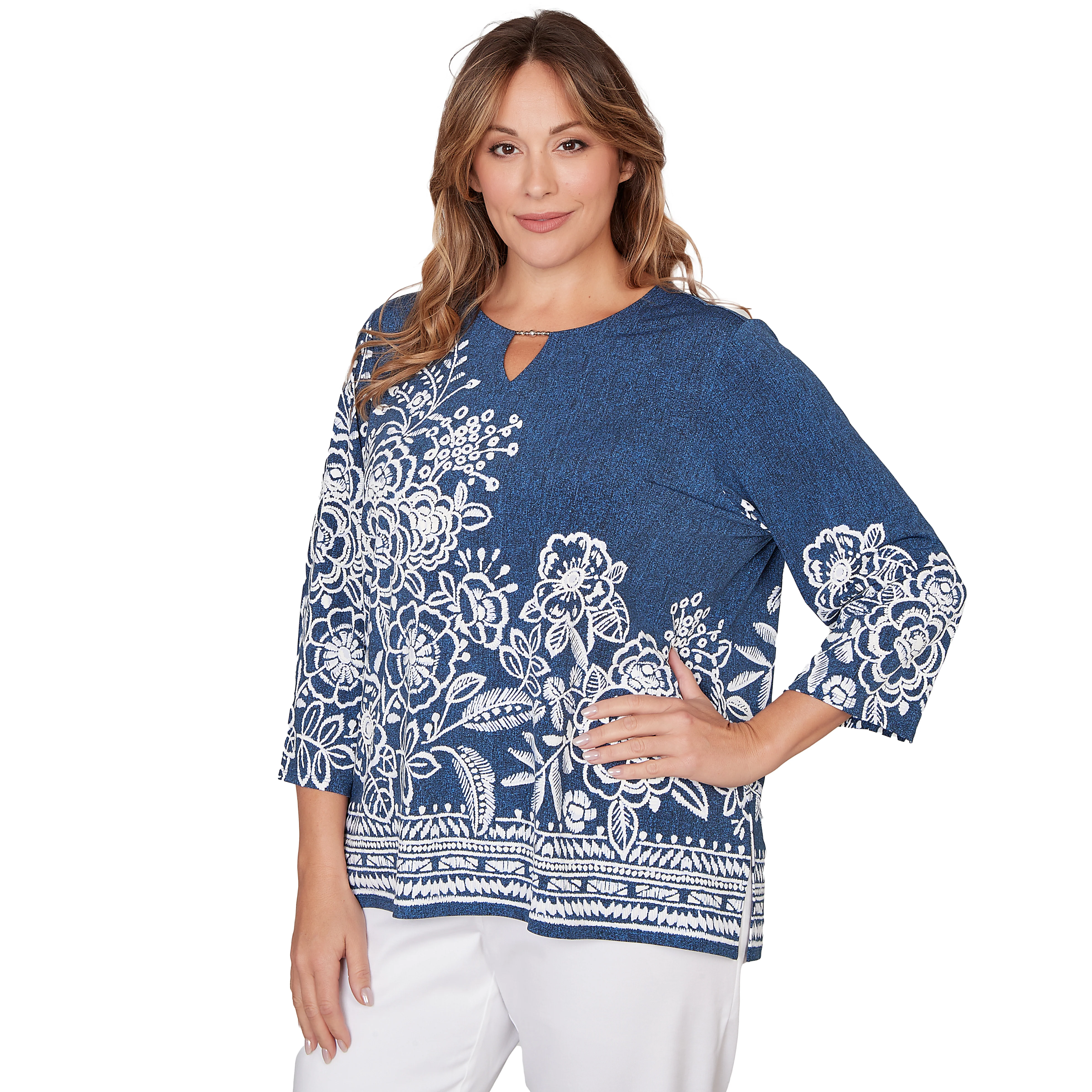 Alfred Dunner Floral Border Embroidered Split Neck Top - Plus - Image 3