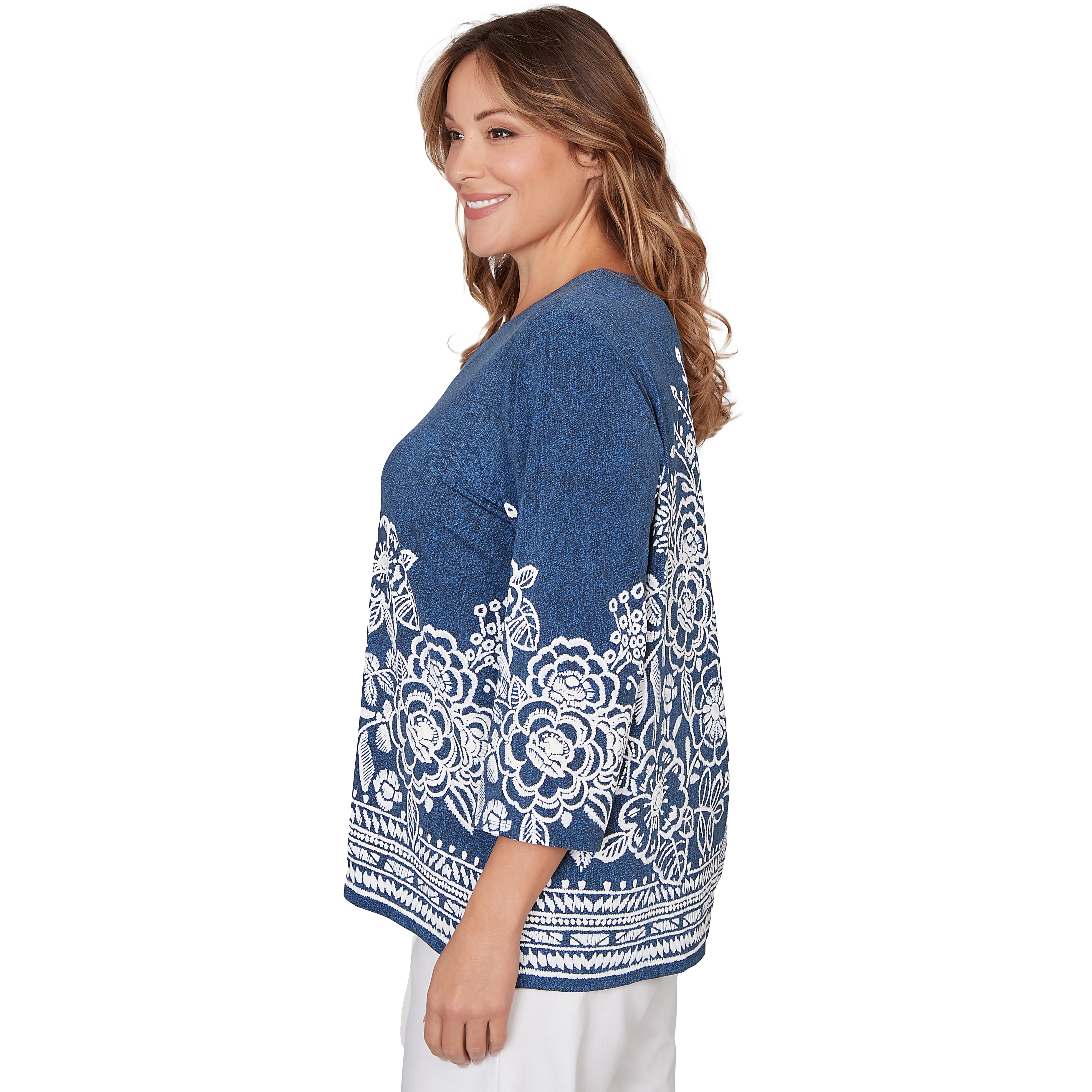 Alfred Dunner Floral Border Embroidered Split Neck Top - Plus - Image 4