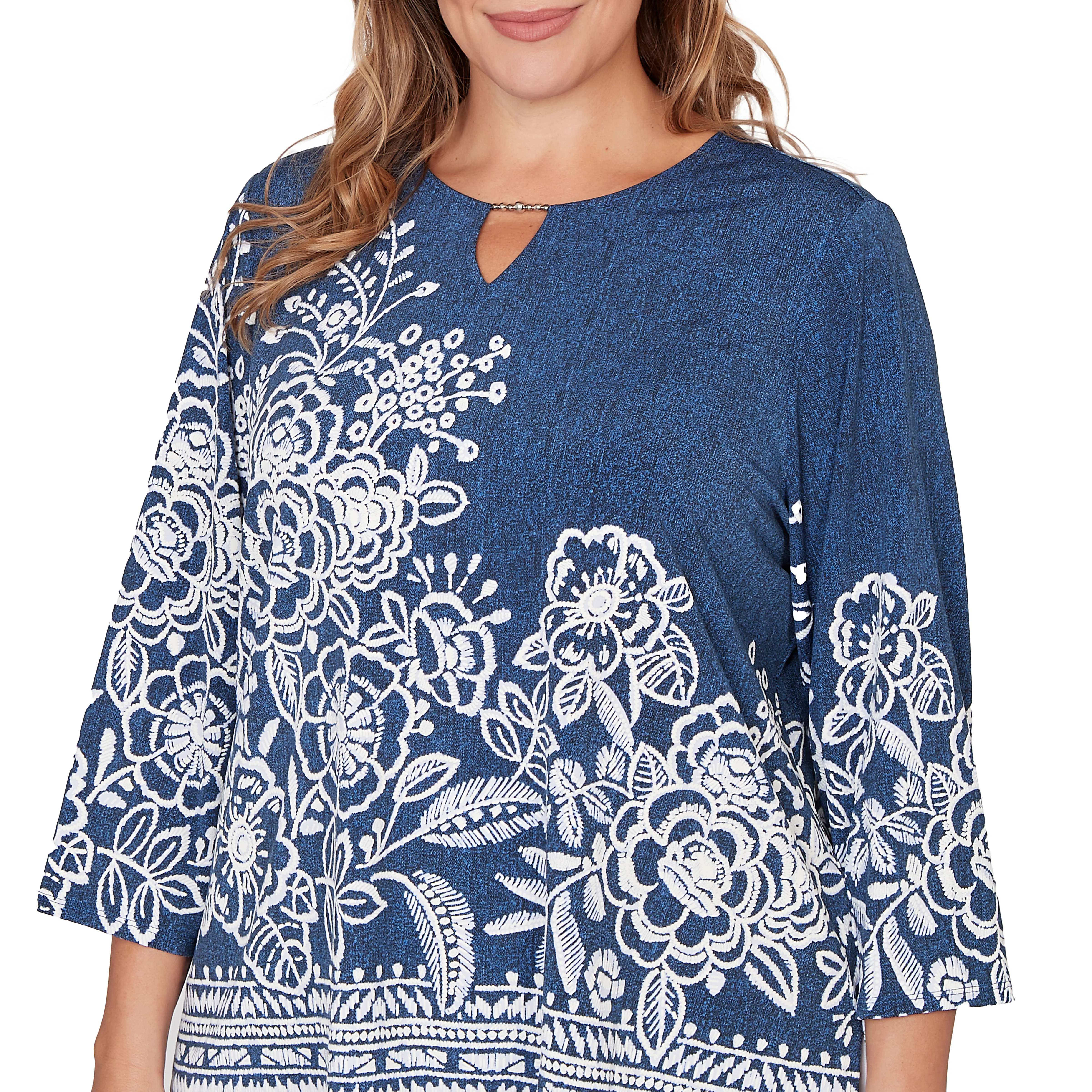 Alfred Dunner Floral Border Embroidered Split Neck Top - Plus - Image 5