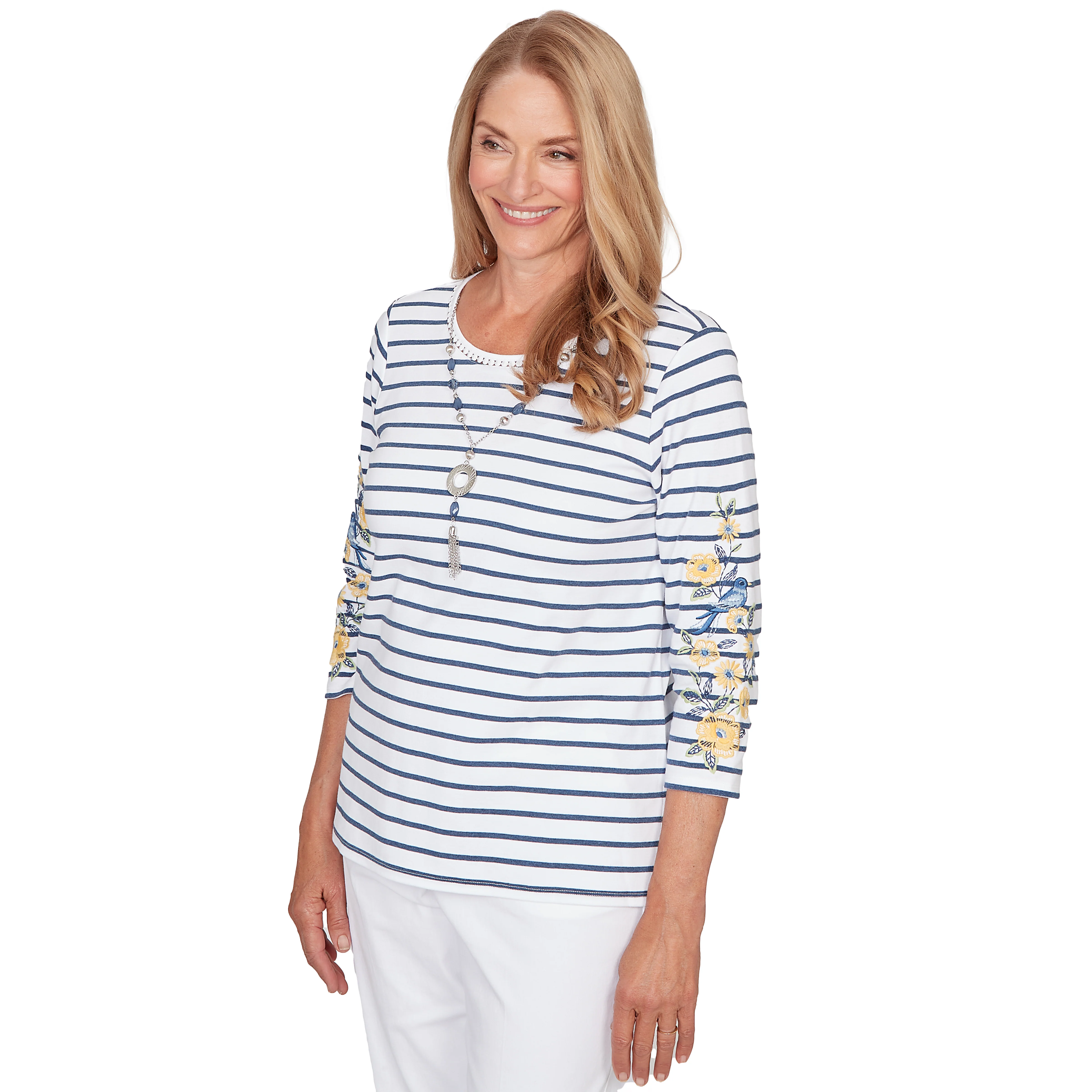 Alfred Dunner Floral Embroidered Stripe Top with Necklace - Image 3