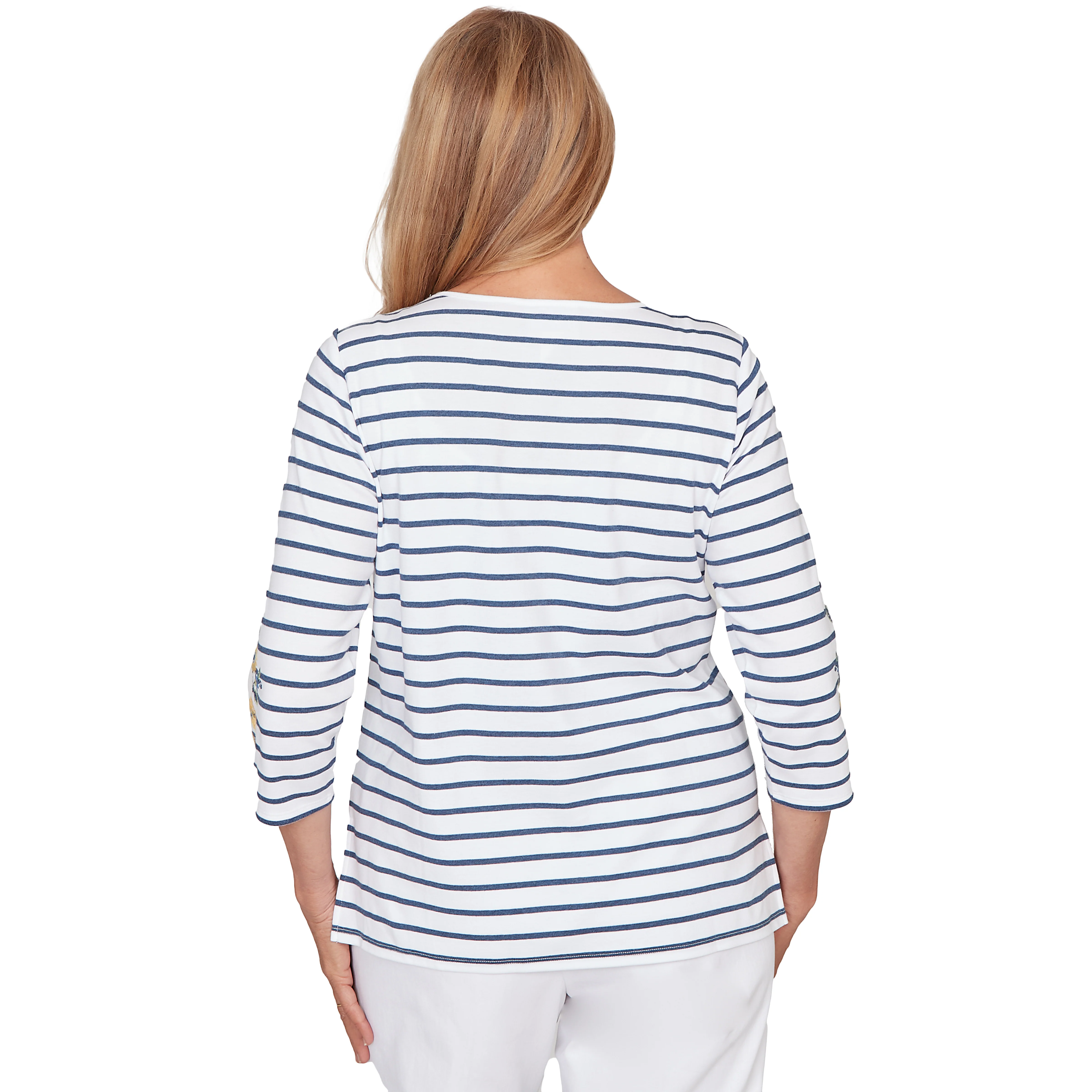 Alfred Dunner Floral Embroidered Stripe Top with Necklace- Petite - Image 2