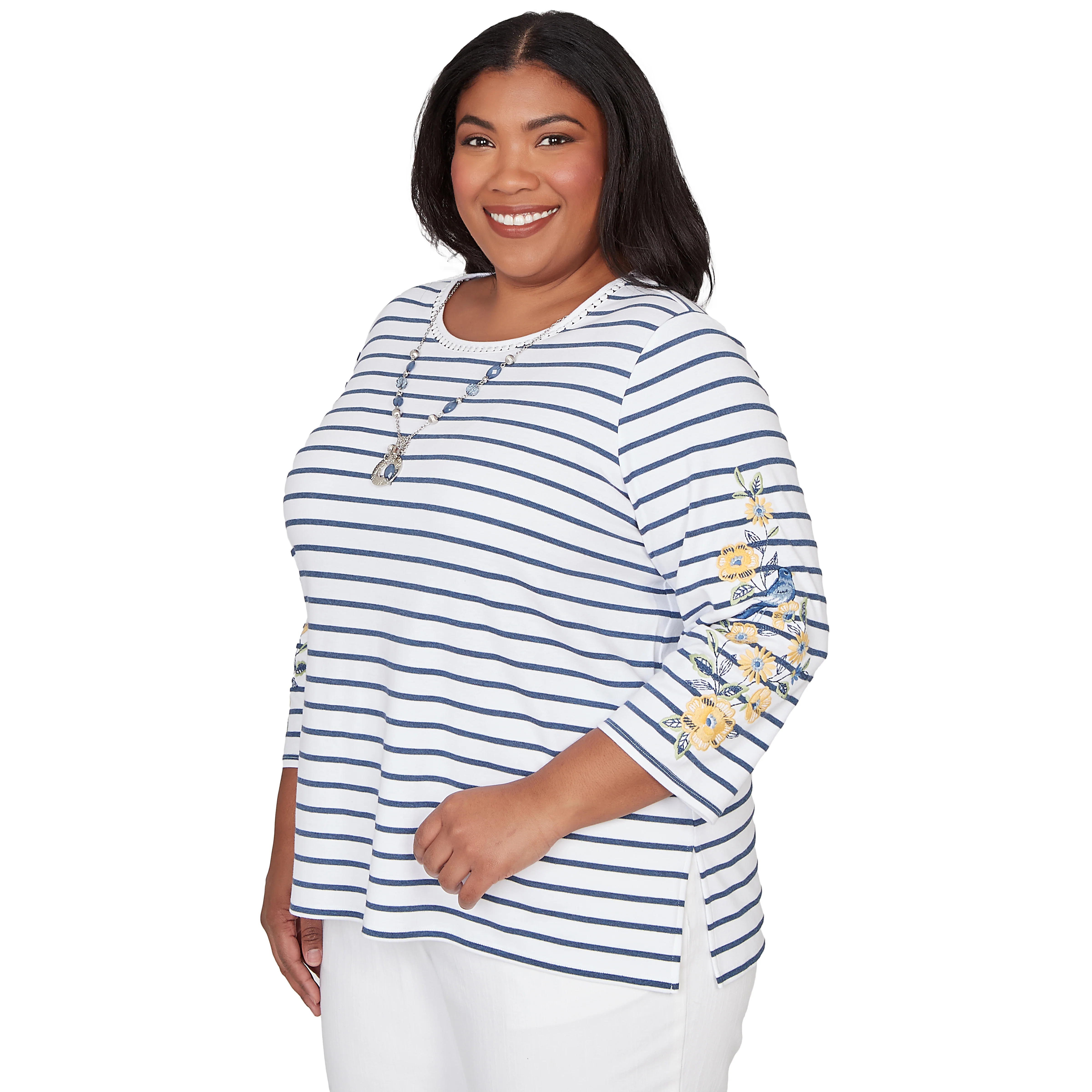 Alfred Dunner Floral Embroidered Stripe Top with Necklace - Plus - Image 3