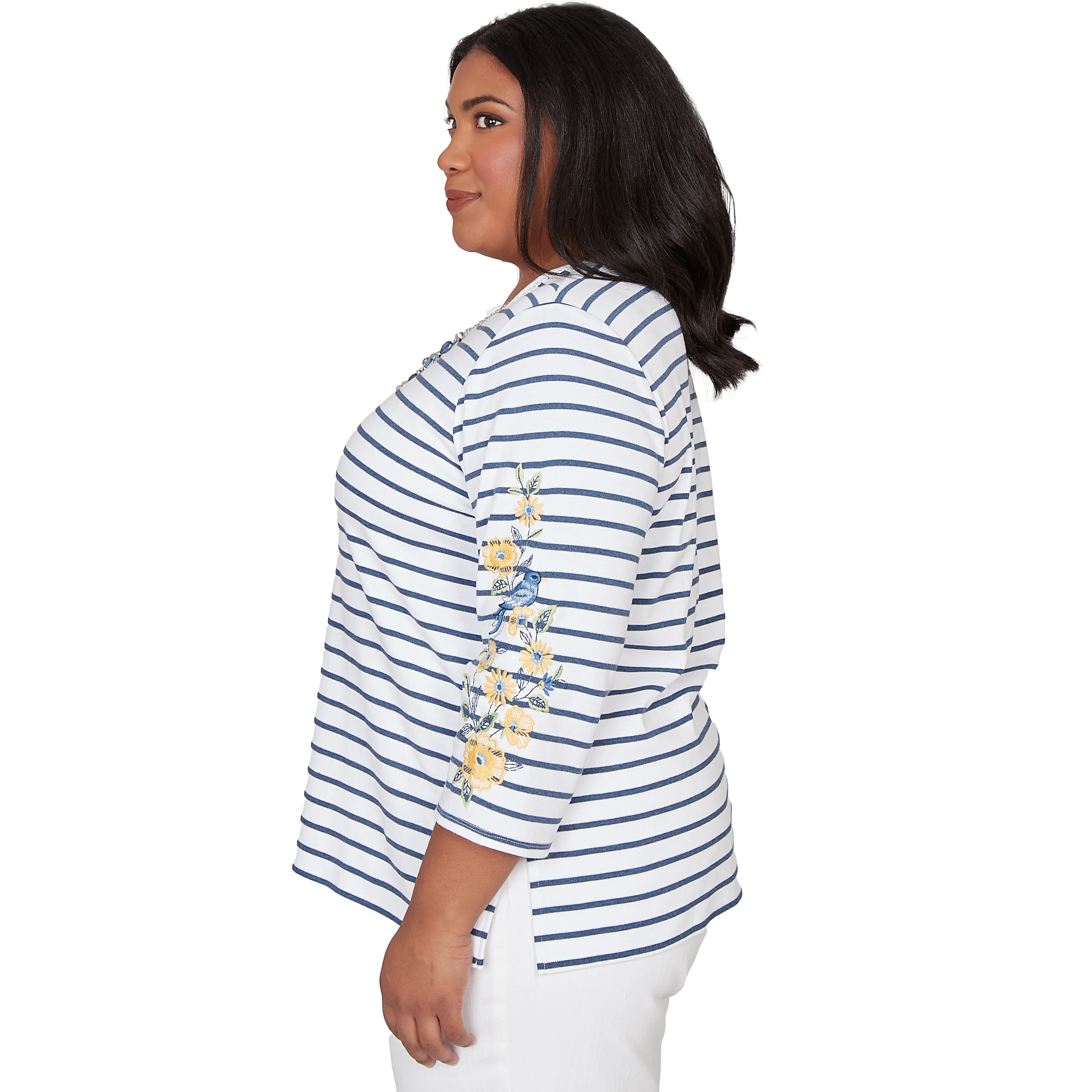 Alfred Dunner Floral Embroidered Stripe Top with Necklace - Plus - Image 4