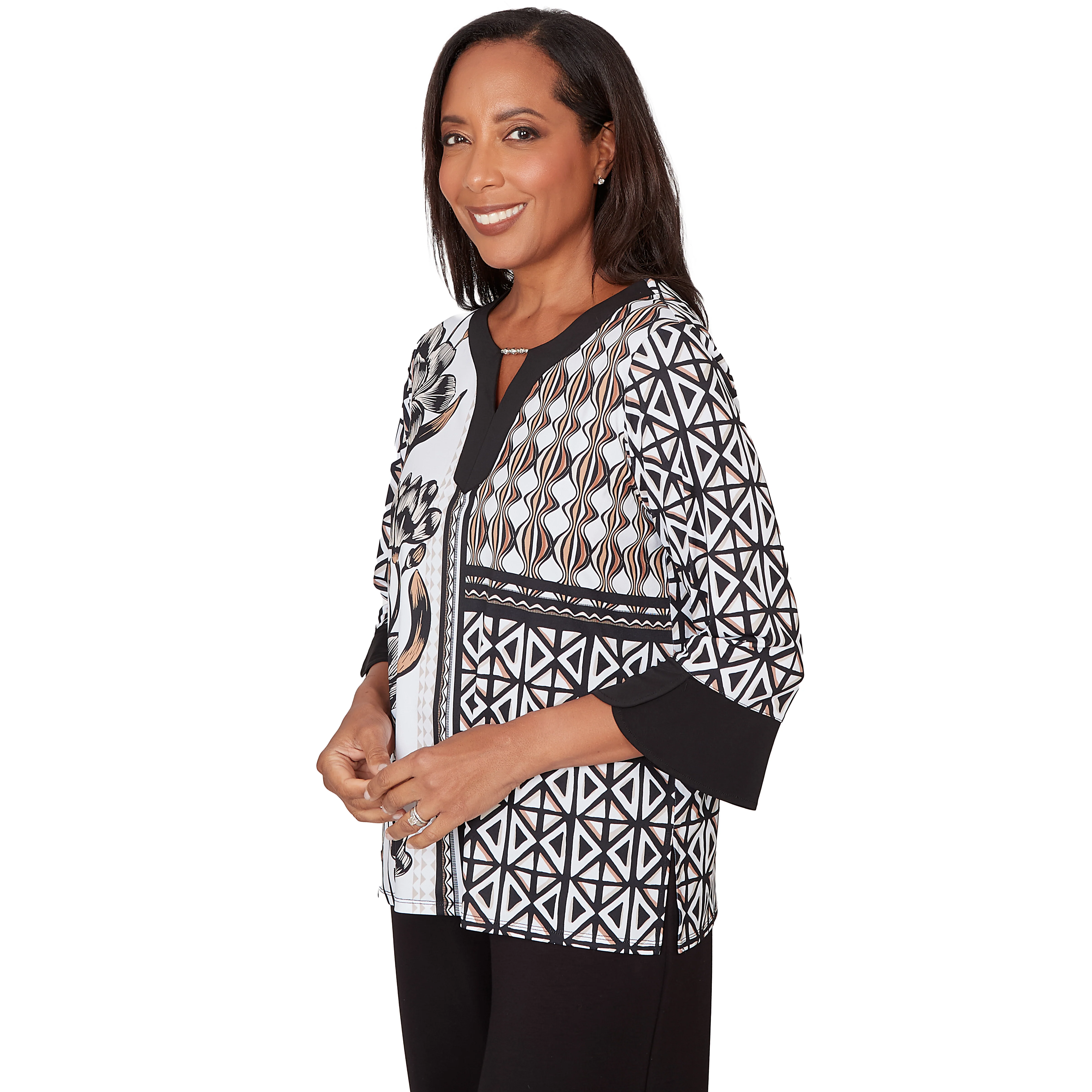 Alfred Dunner Floral Geo Patchwork Split Neck Top - Image 3