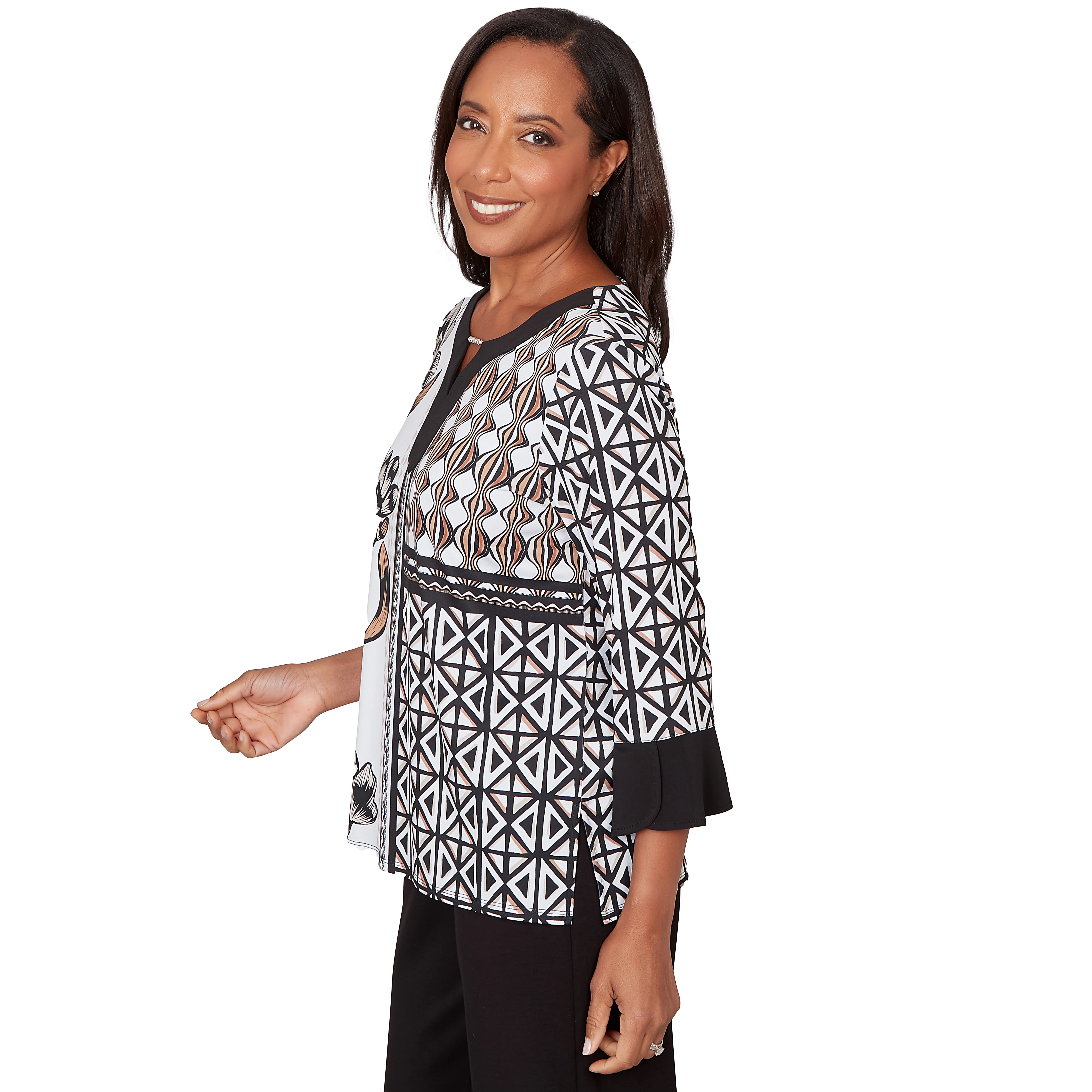 Alfred Dunner Floral Geo Patchwork Split Neck Top- Petite - Image 4