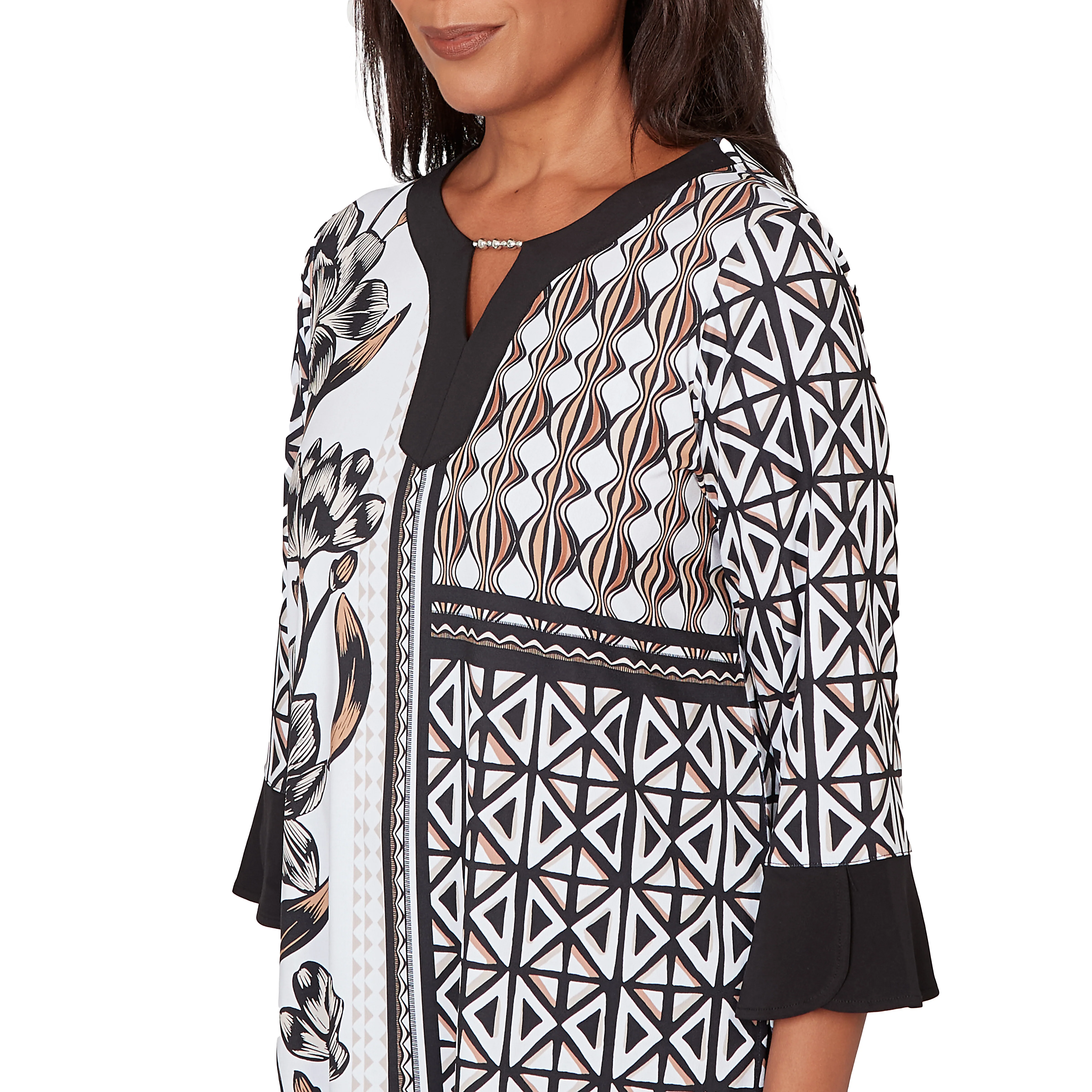 Alfred Dunner Floral Geo Patchwork Split Neck Top- Petite - Image 5