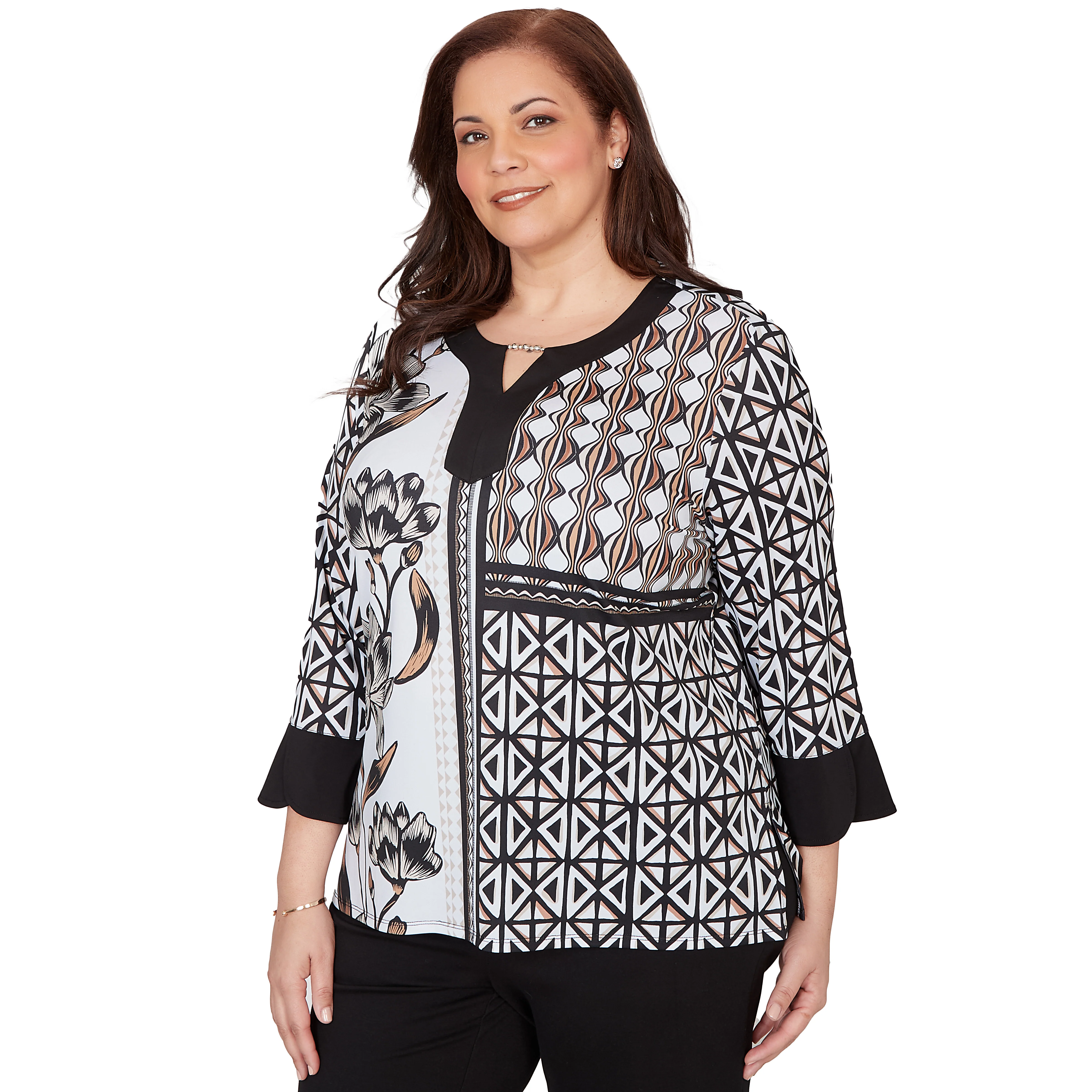 Alfred Dunner Floral Geo Patchwork Split Neck Top - Plus - Image 3