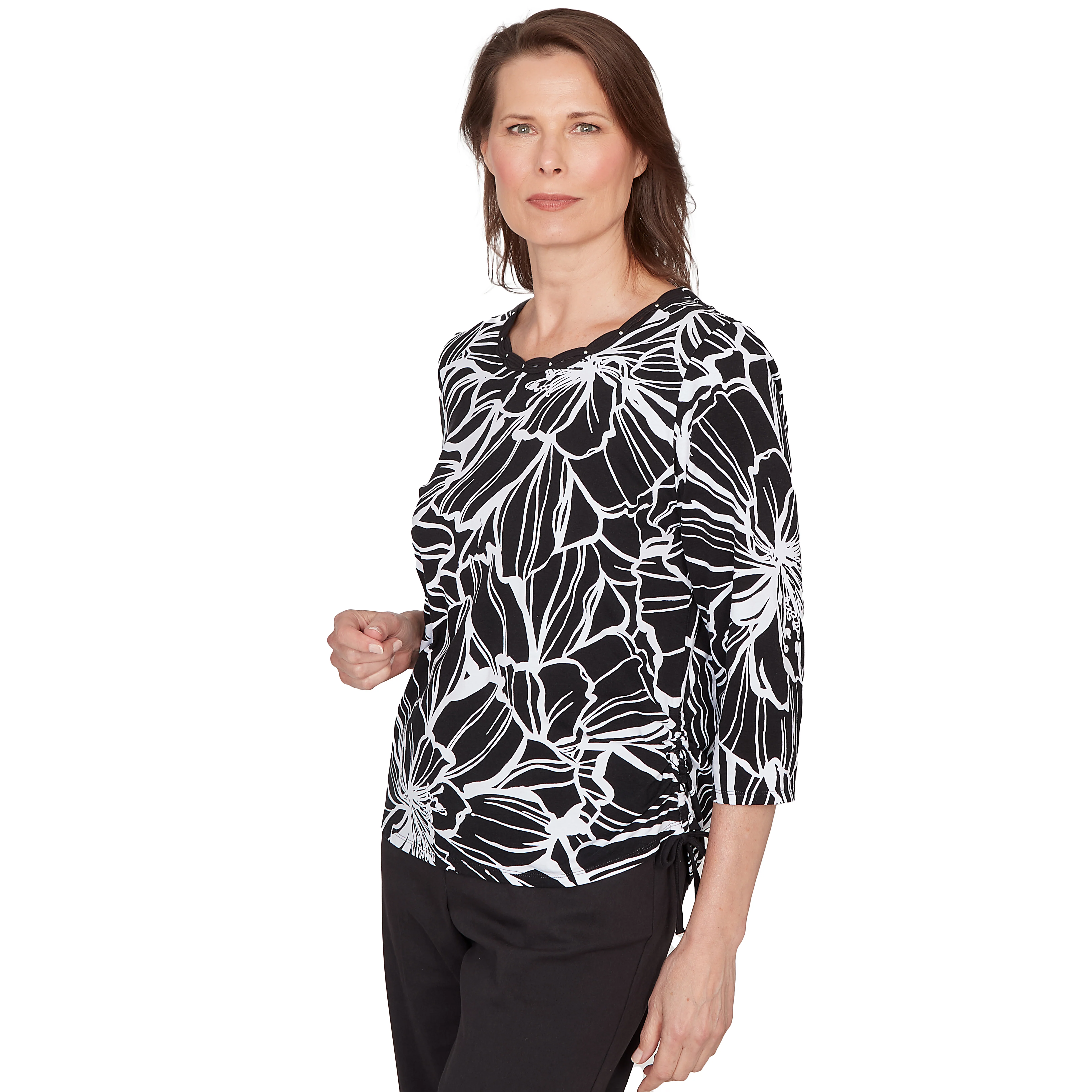 Alfred Dunner Floral Linework Side Tie Ruched Top- Petite - Image 3