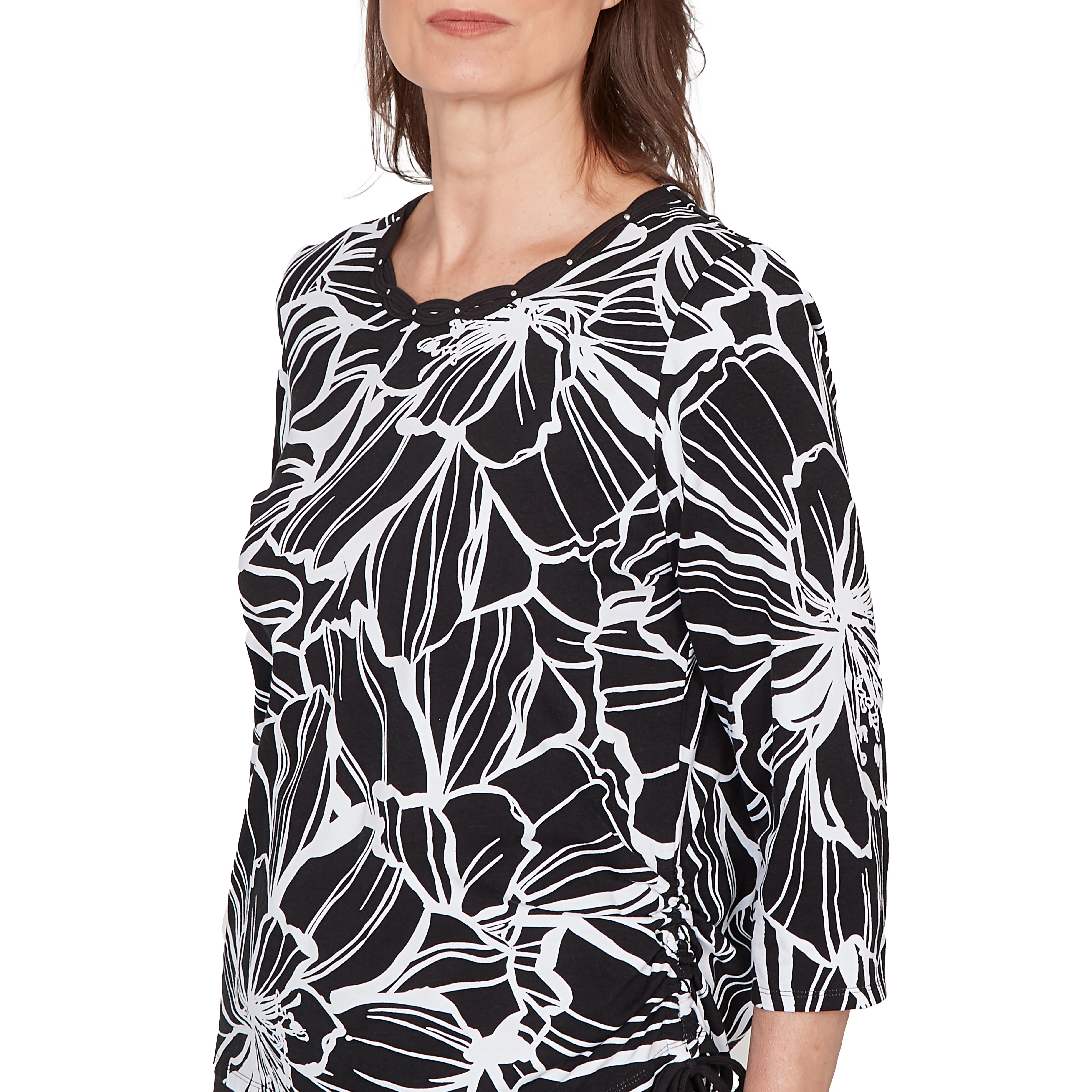 Alfred Dunner Floral Linework Side Tie Ruched Top- Petite - Image 5