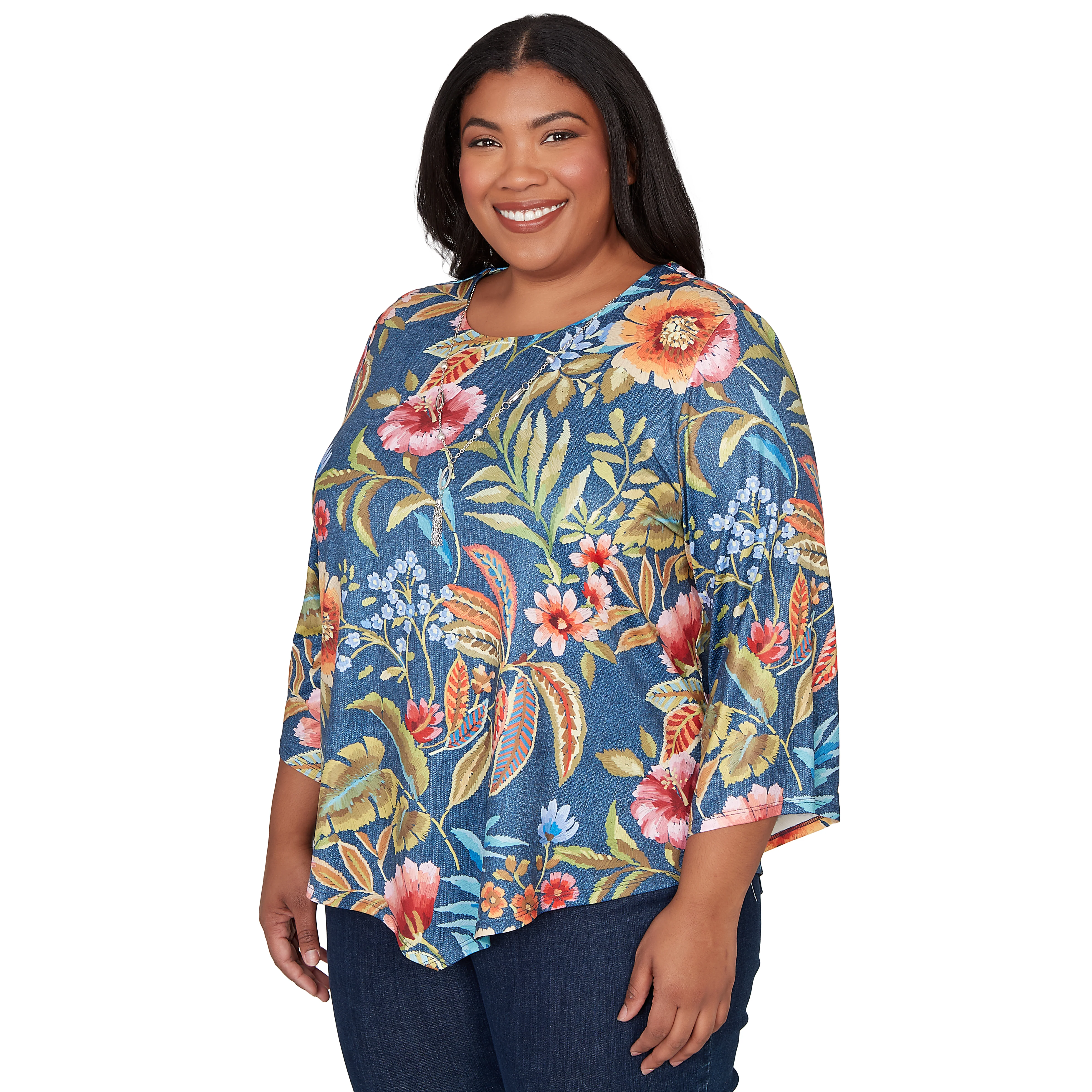 Alfred Dunner Floral Print Pointed Hem Top with Necklace - Plus - Image 3