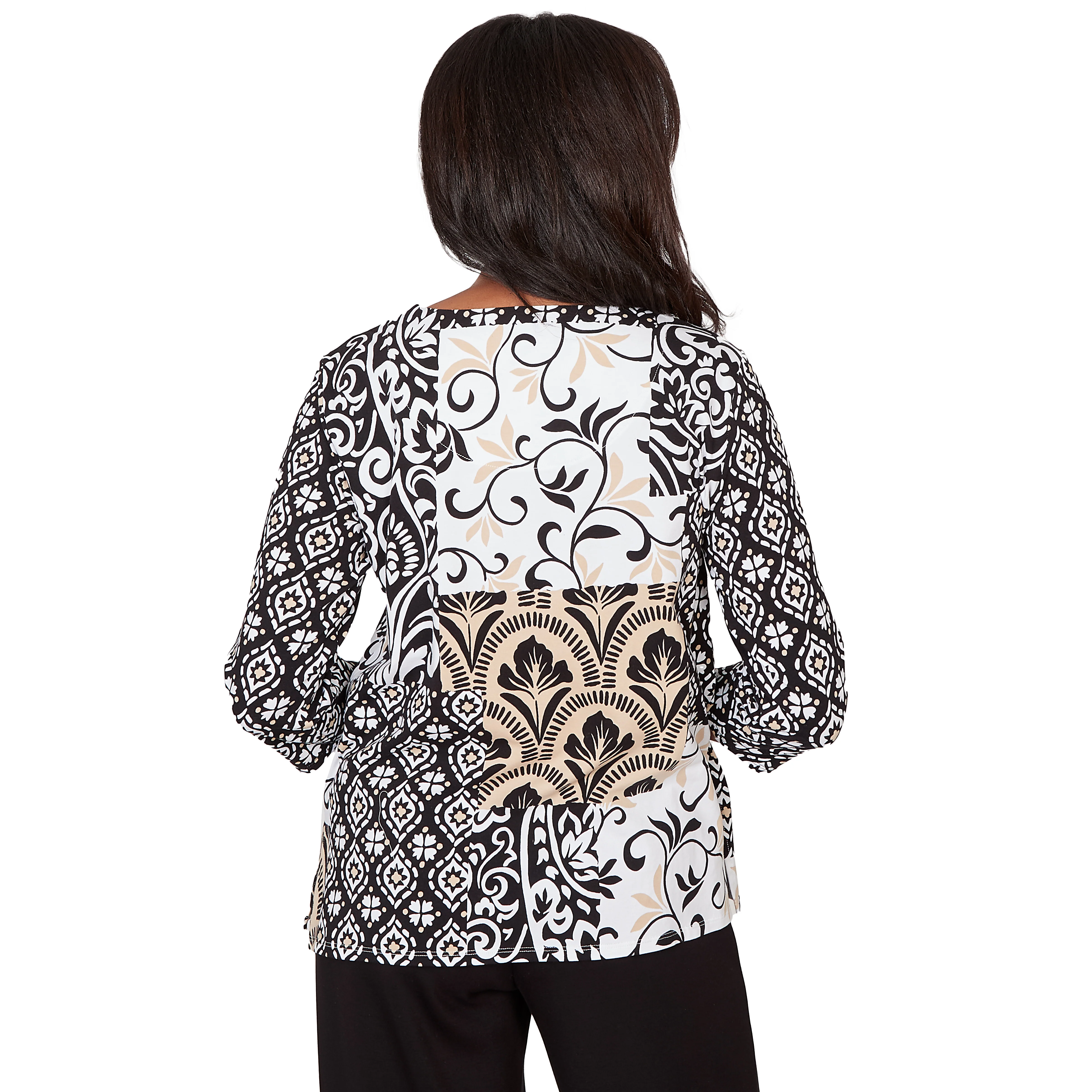 Alfred Dunner Geometric Scroll Patchwork Split Neck Top - Image 2