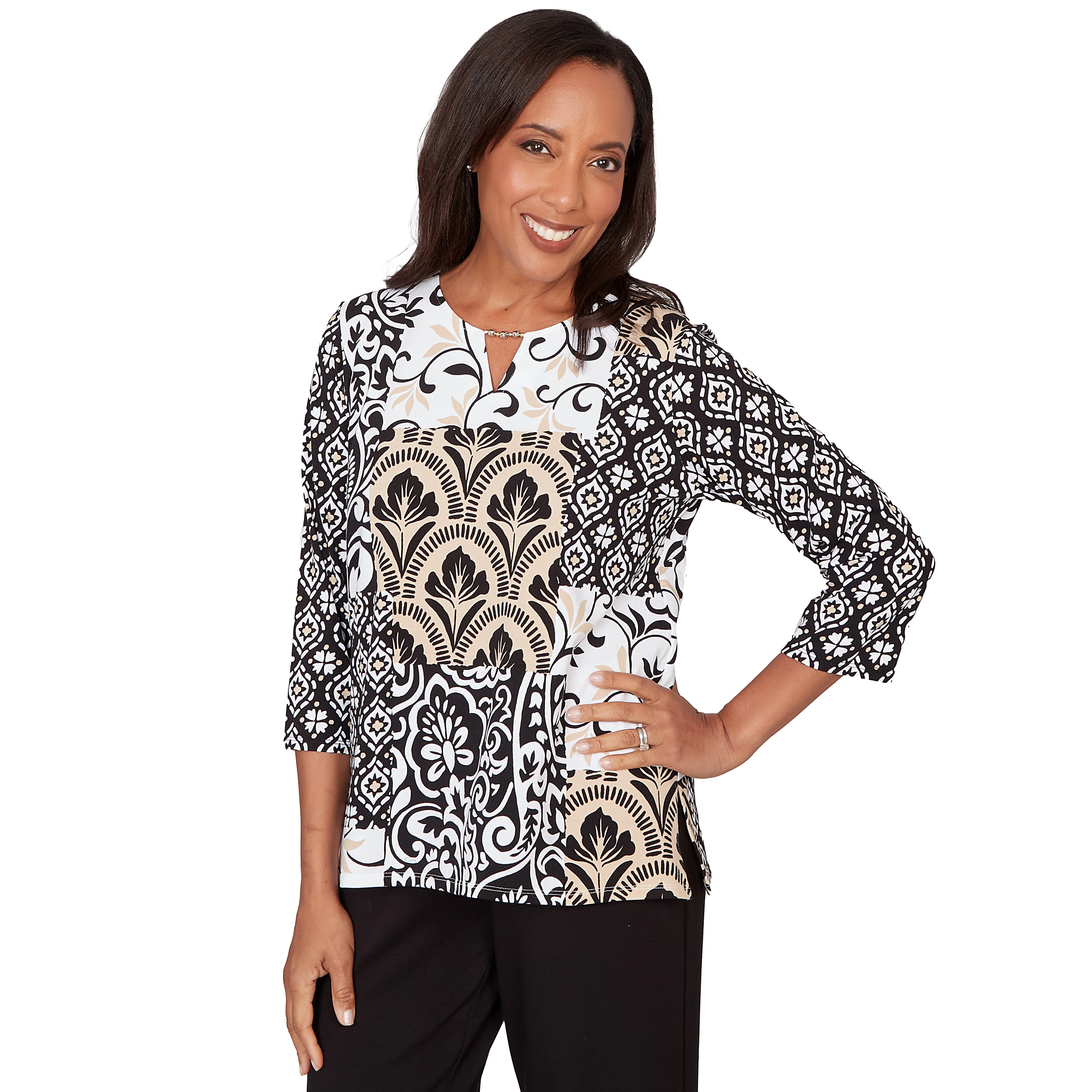 Alfred Dunner Geometric Scroll Patchwork Split Neck Top - Image 3