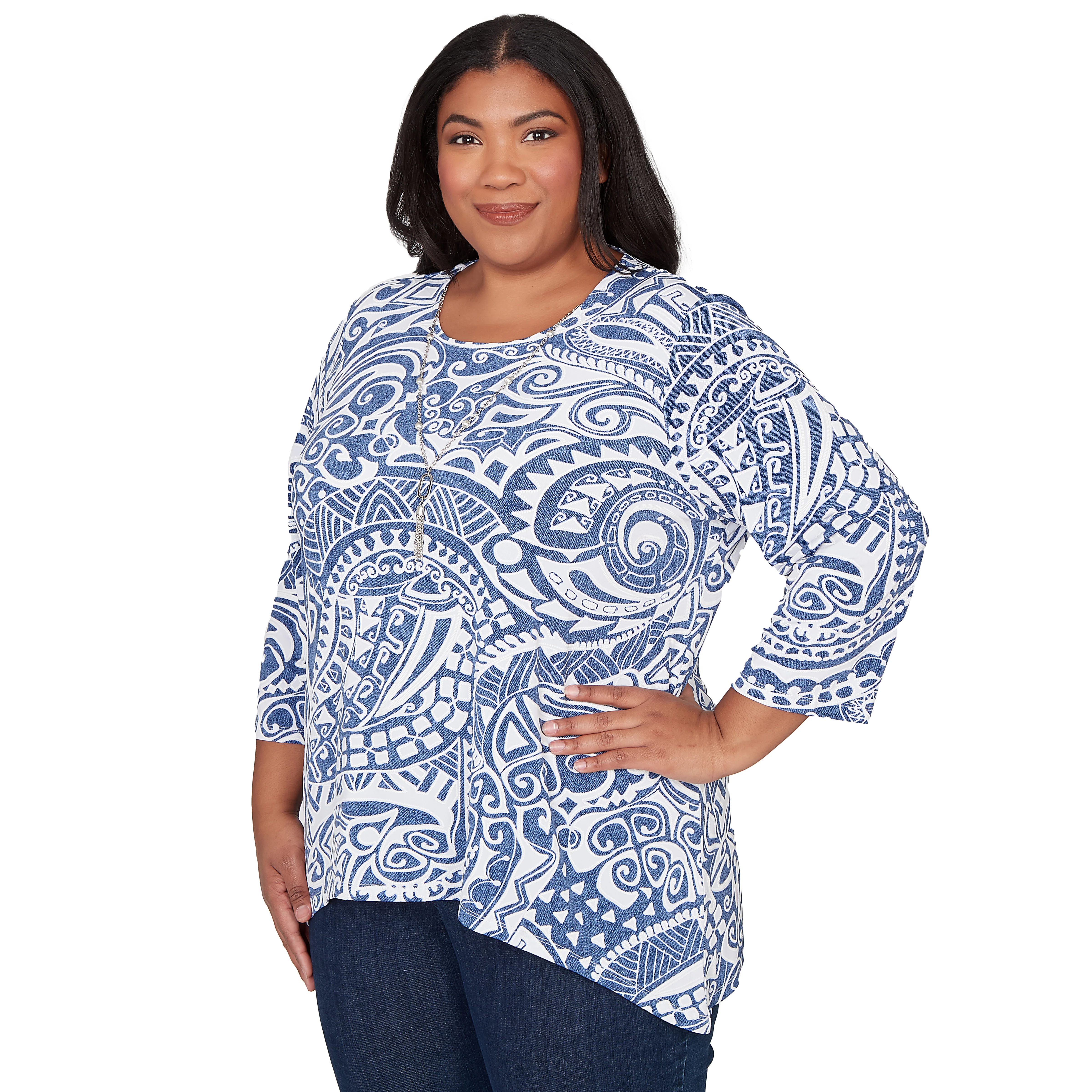 Alfred Dunner Paisley Swirl Sharkbite Hem Top with Necklace - Plus - Image 3