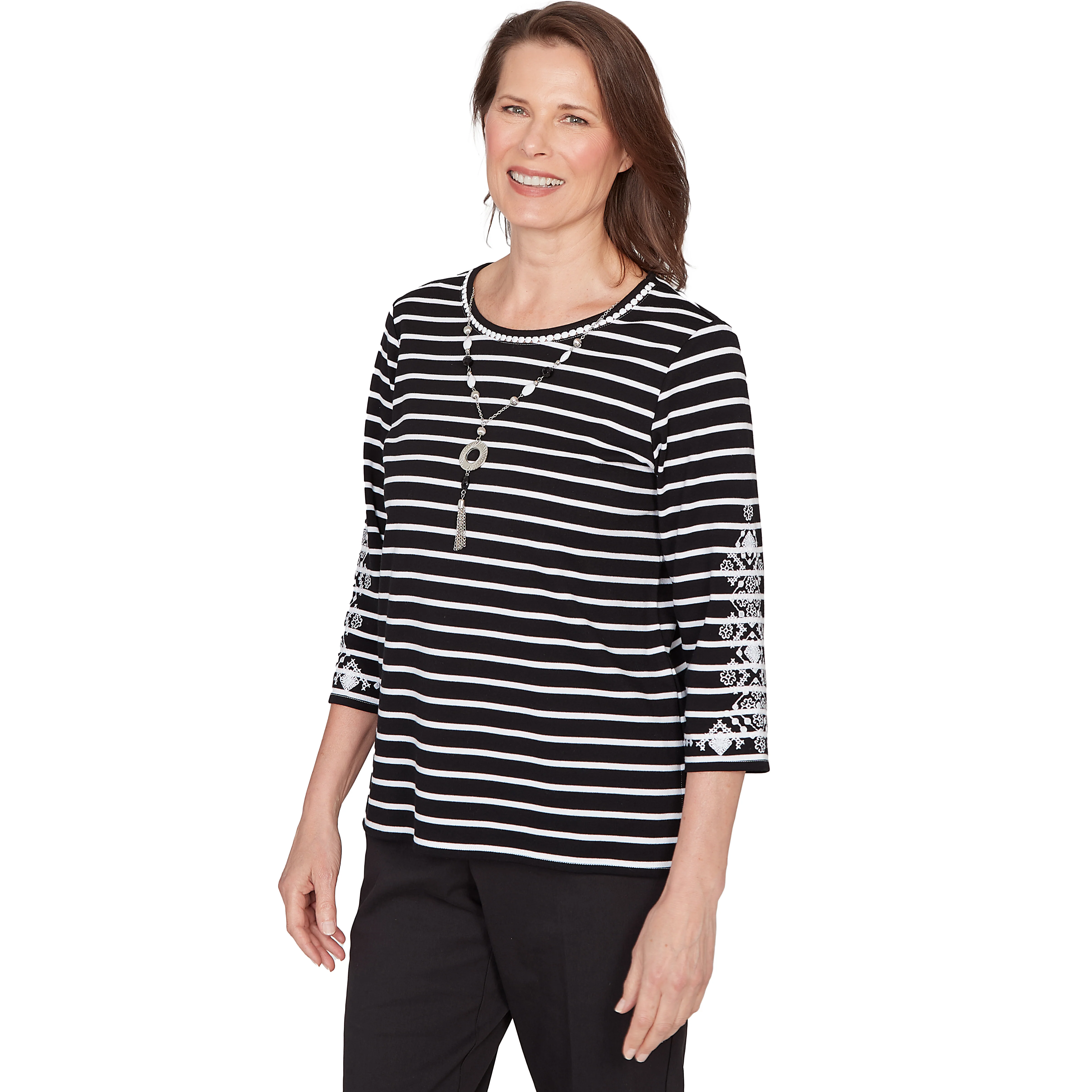 Alfred Dunner Pinstripe Embroidered Sleeve Top with Necklace - Image 3