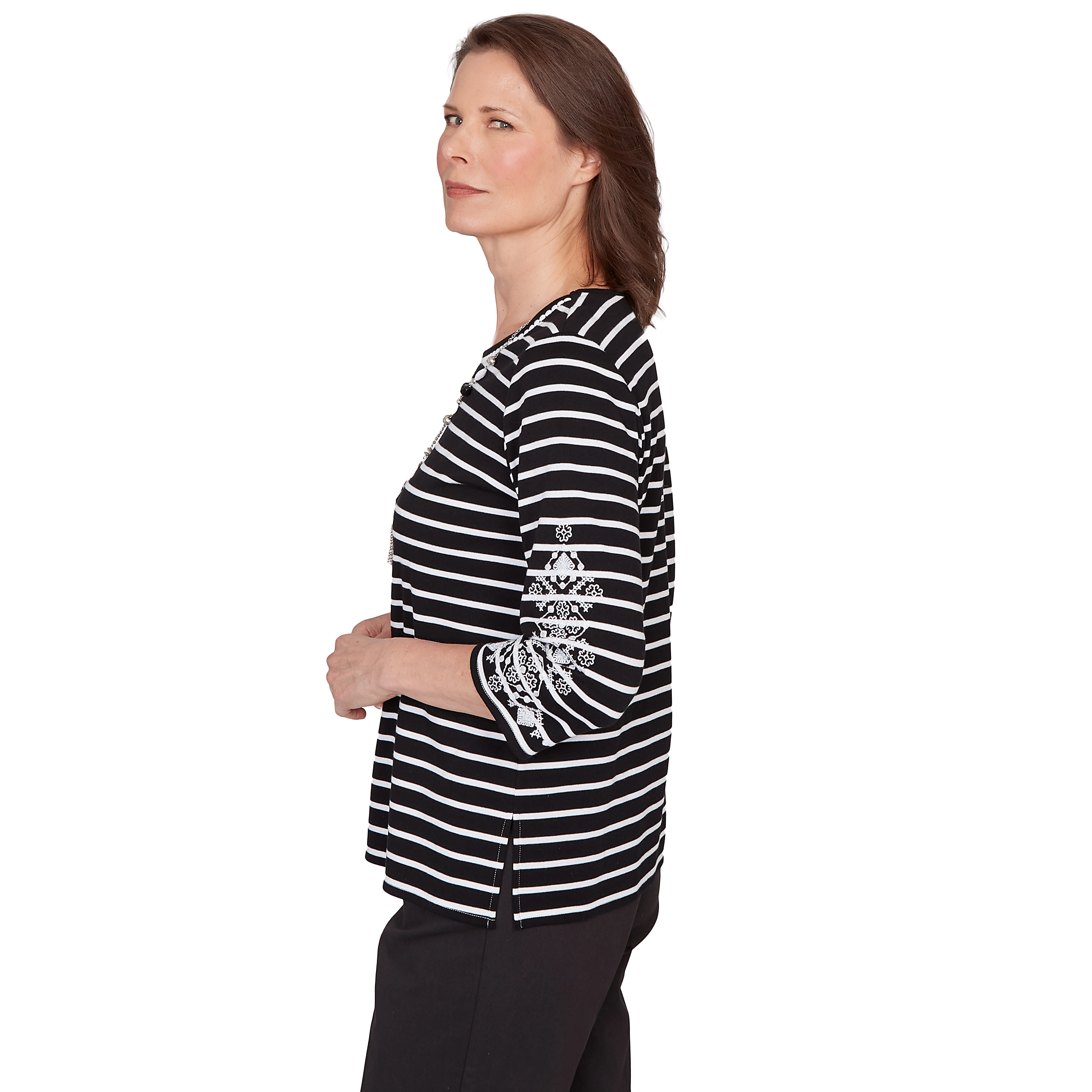 Alfred Dunner Pinstripe Embroidered Sleeve Top with Necklace - Image 4
